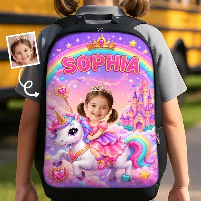 Personalized Unicorn Kids Backpack, Custom Photo School Bag with Name for Girls