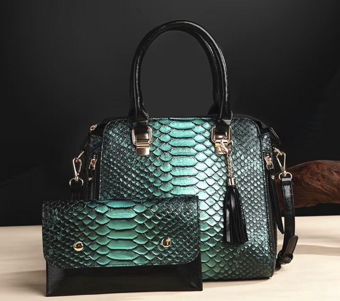 Snake Embossed Brown Satchel Top Handle Bag Zip, Tassel, Detachable Strap