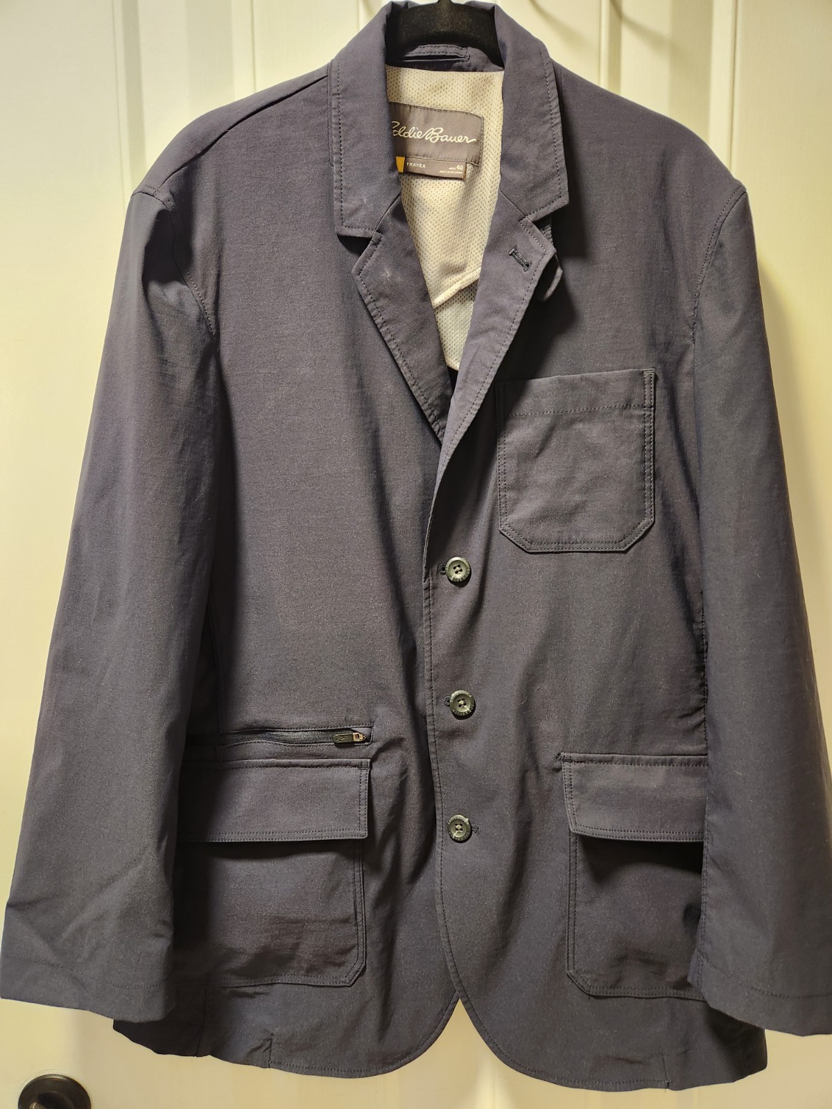 Eddie Bauer Travex Blazer Jacket Mens 40 Blue Lightweight Travel Pockets