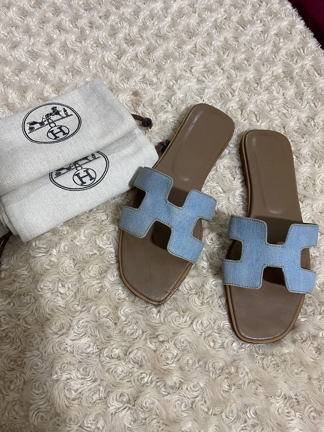 HERMES Oran Flats Light Blue Denim Leather Sole Summer Casual Slides EU 40-US 9