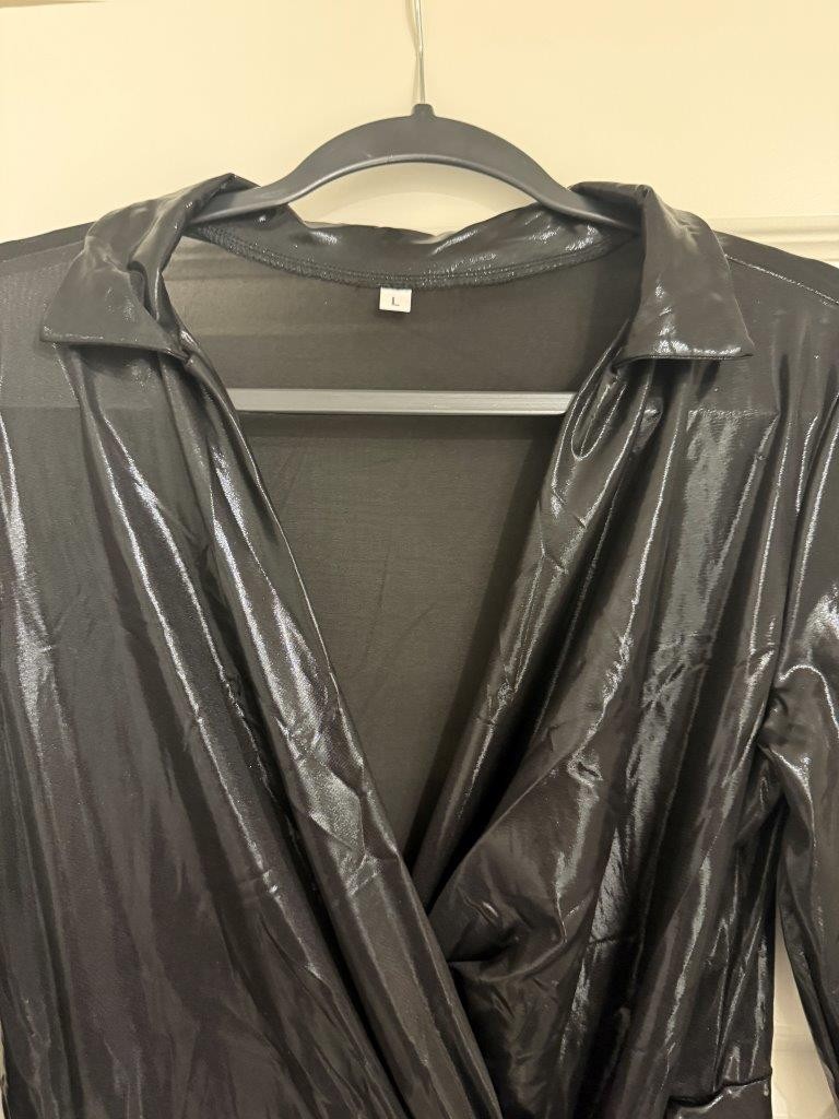 Womens Sheer Wet Look Long Sleeve High Slit Gown Dress Sz L Black NWOT