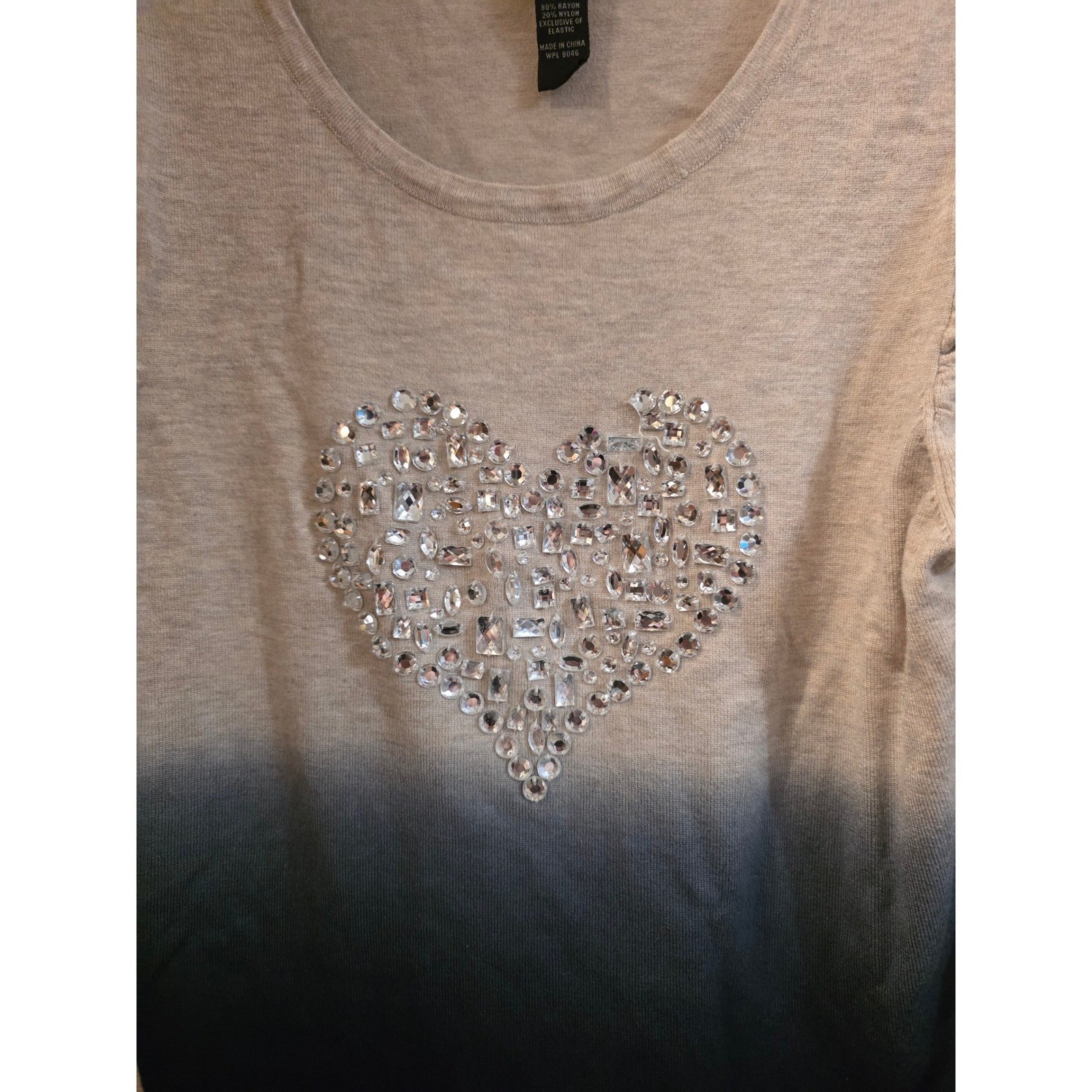 INC International Concepts Ombre Rhinestone Heart Puff Sleeve Top Tan Navy Large