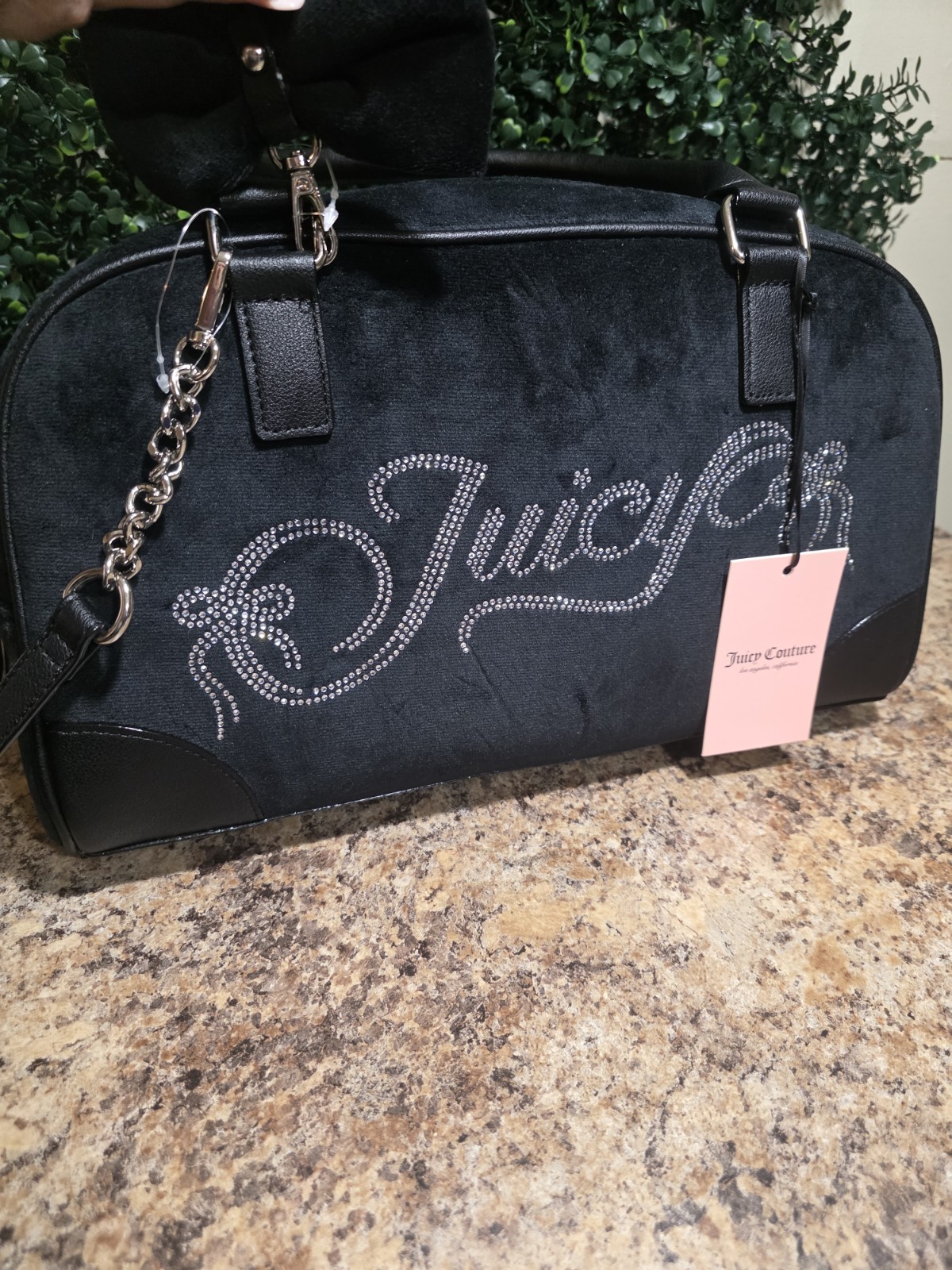 Juicy Couture Black Satchel Bow Charm Chain Strap Logo Accents Zip Closure
