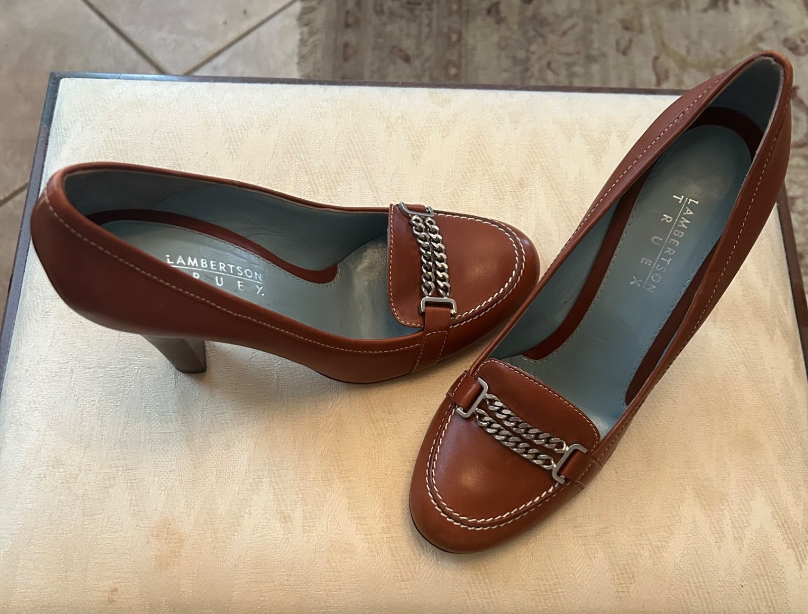 Lambertson Truex Brown Leather Heels, Italy, 37.5 ~7.5 M ~Tiffany Co Blue inside