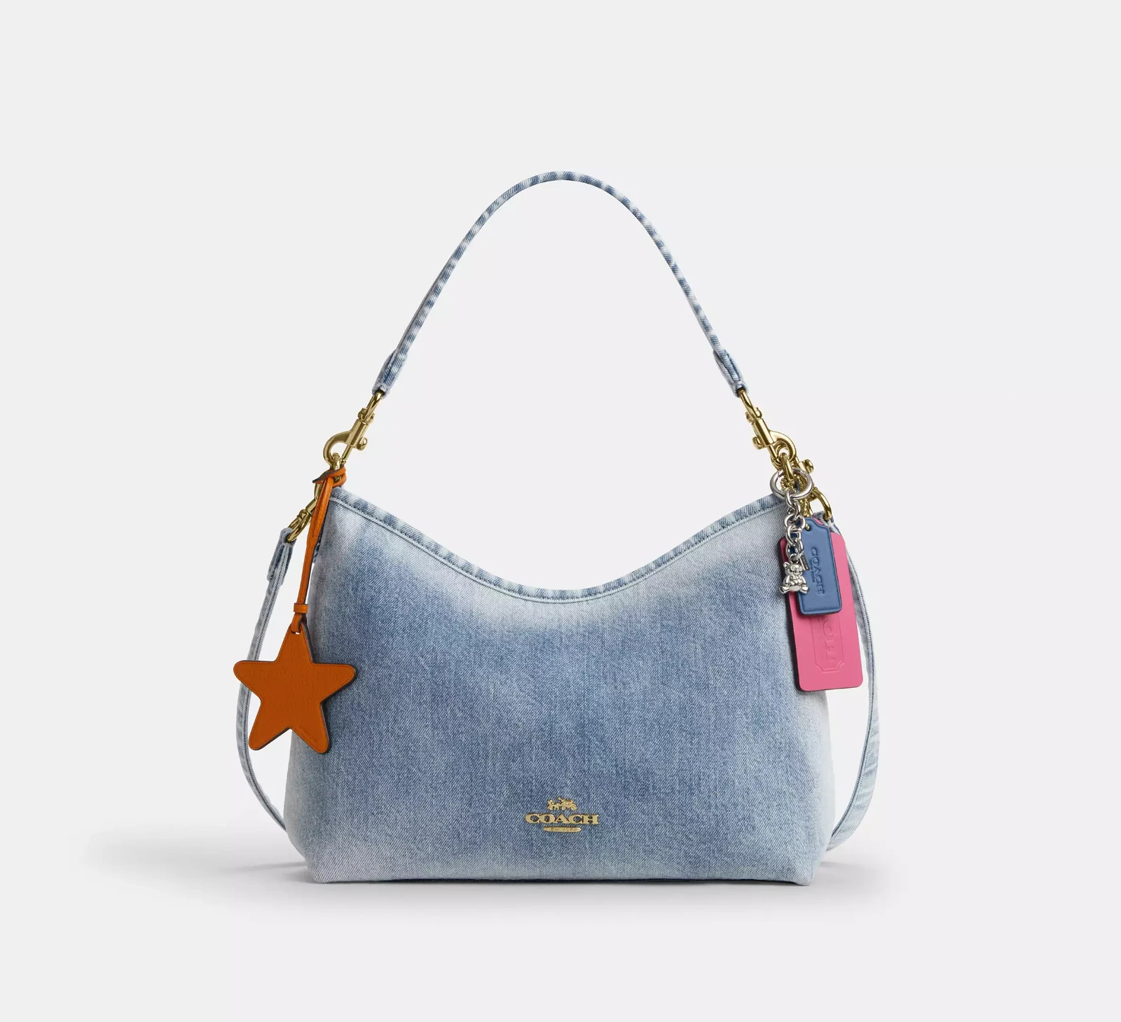 NWT Coach Laurel Shoulder Bag In Loved Denim With Charms CEF26