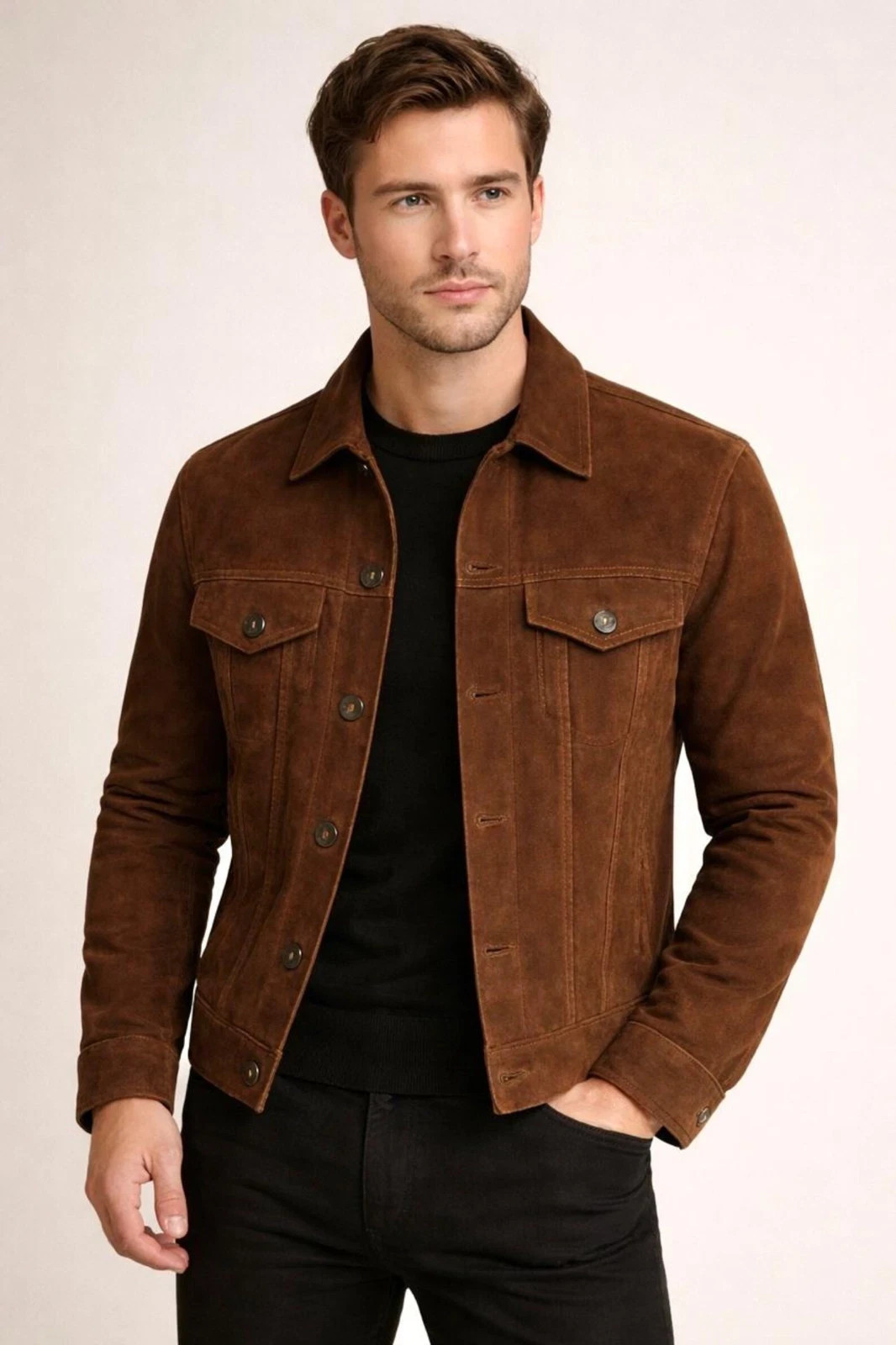 Mens Brown Leather Trucker Jacket Pure Suede Custom Made Size S M L XL 2XL 3XL