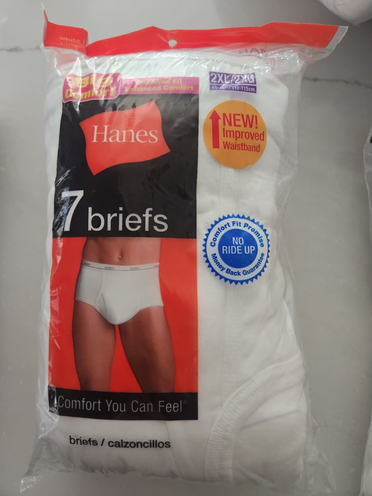 Hanes 7 BRIEFS, Mens 2XL 44-46” Waist, White Underwear, 100% cotton, Big Comfort