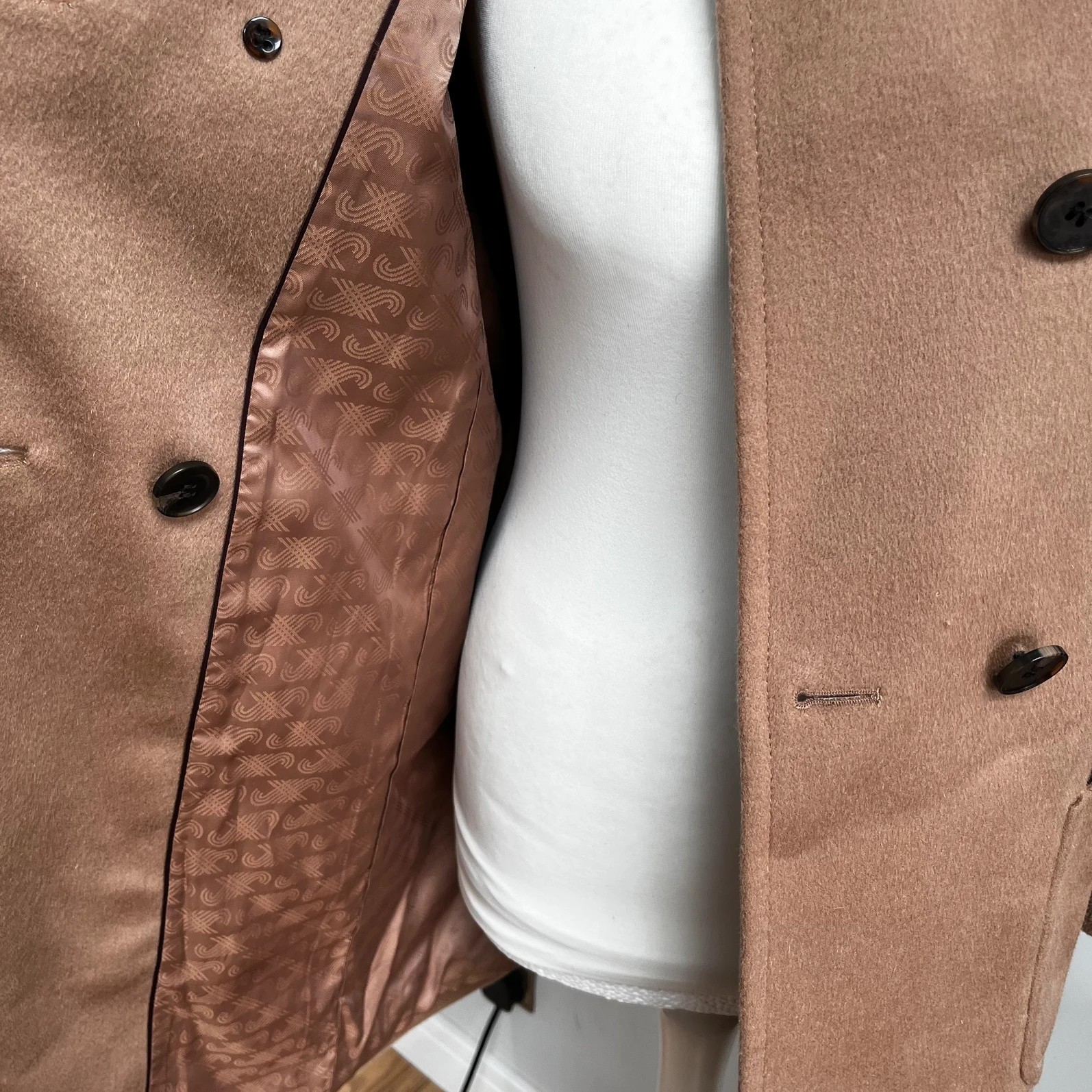 Jaeger pure wool camel coat funnel neck button up size 6