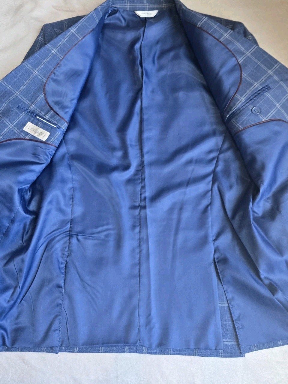 Lineage Performance Stretch Fabric Blue Windowpane 2pc Suit Mens 50R Pants W44