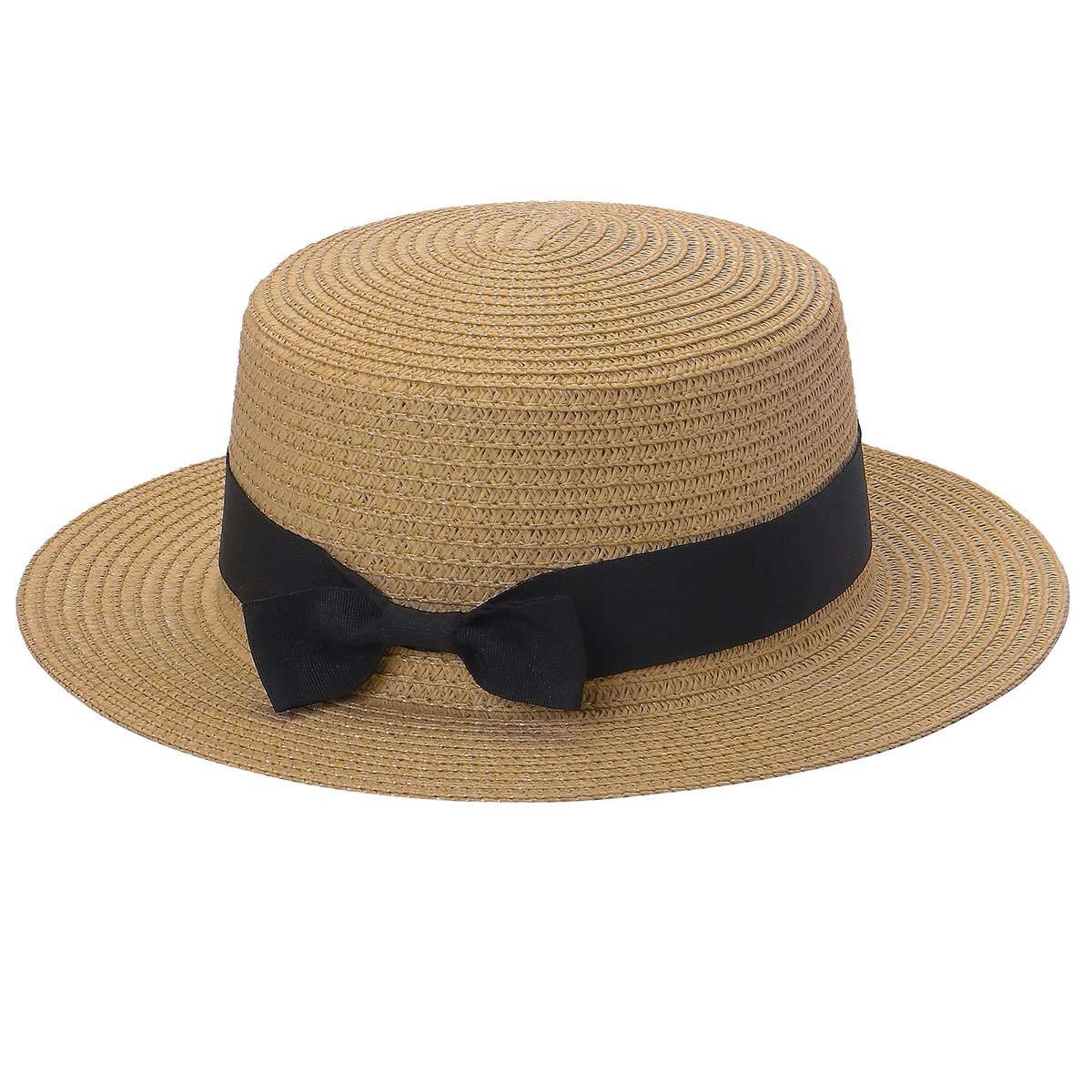 Women Flat Top Straw Boater Wide Brim Sun Hat Black Ribbon Bow Summer Beach Cap