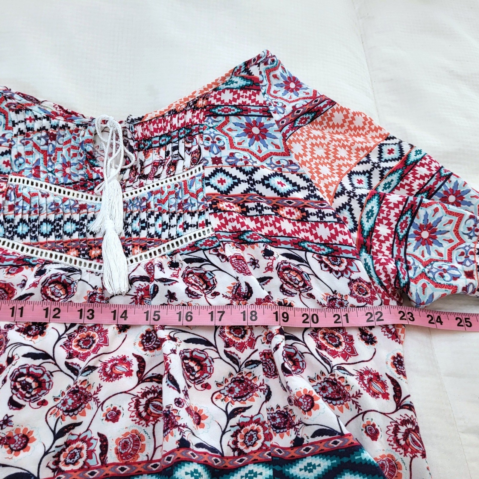 Faded Glory Red White Blue Floral Boho Peasant Tassel Tie Lace Detail Blouse XXL