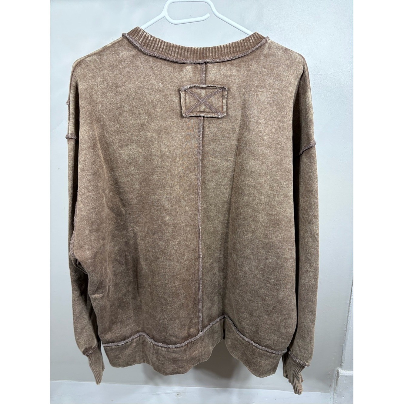 Zenana Mineral Wash Oversized Sweatshirt Raw Seam Acid Wash Mocha Brown M