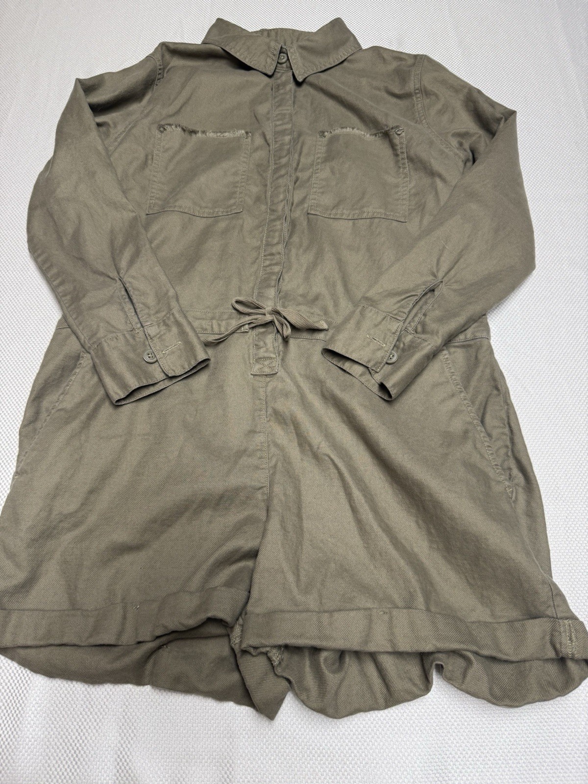 Aerie Olive Cotton Long Sleeve Jumpsuit Collared Button Drawstring Pockets M