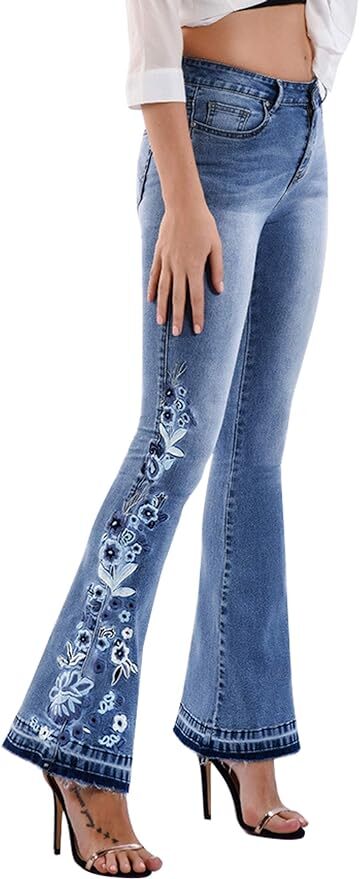 Womens Chic Floral Embroidered High-Rise Bell Bottom Flare Jeans Broad Feet Long