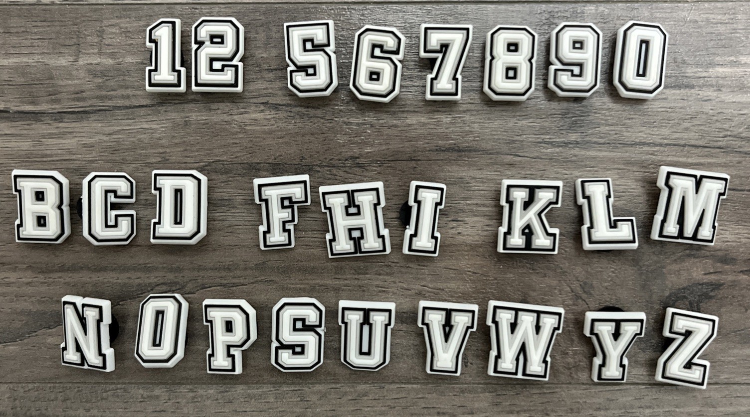 Incomplete Set Of Number & Letter Croc Charms Letterman Style White Black Gray