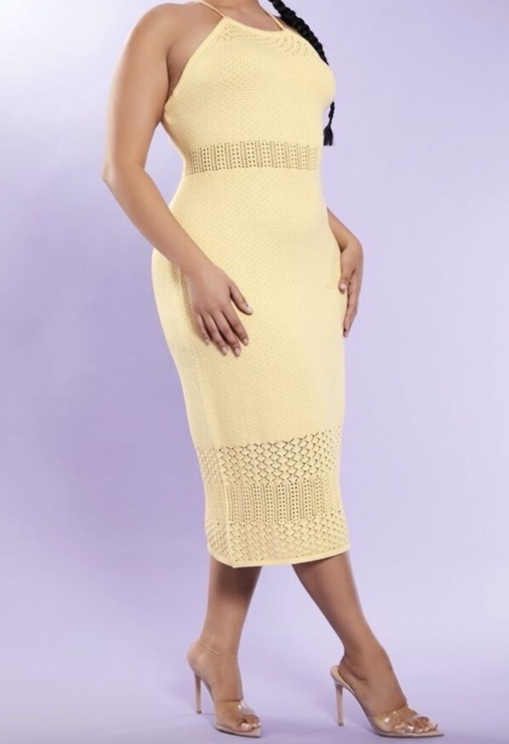 Forever 21 Plus Yellow Crochet Knit Halter Open Back Midi Dress size 0X