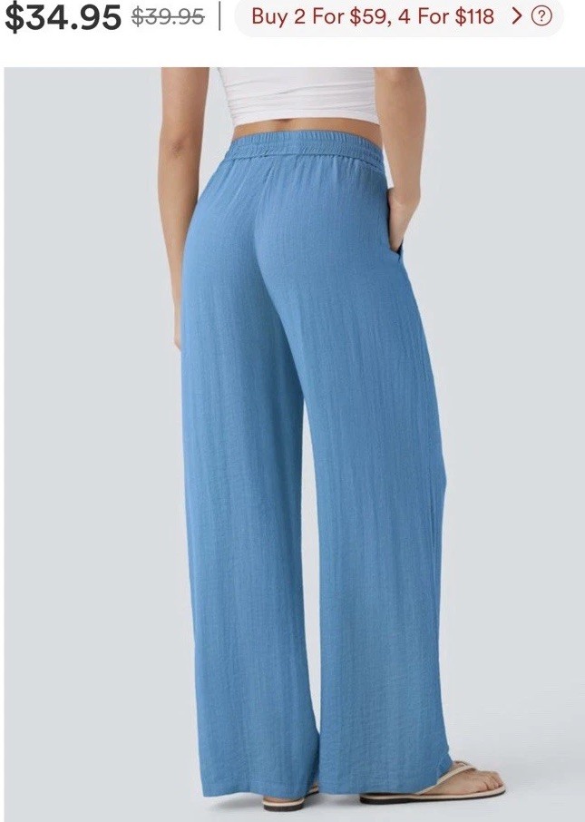 Halara High Waist Drawstring Pockets Wide Leg Baggy Casual Linen-Feel Pants XS-S