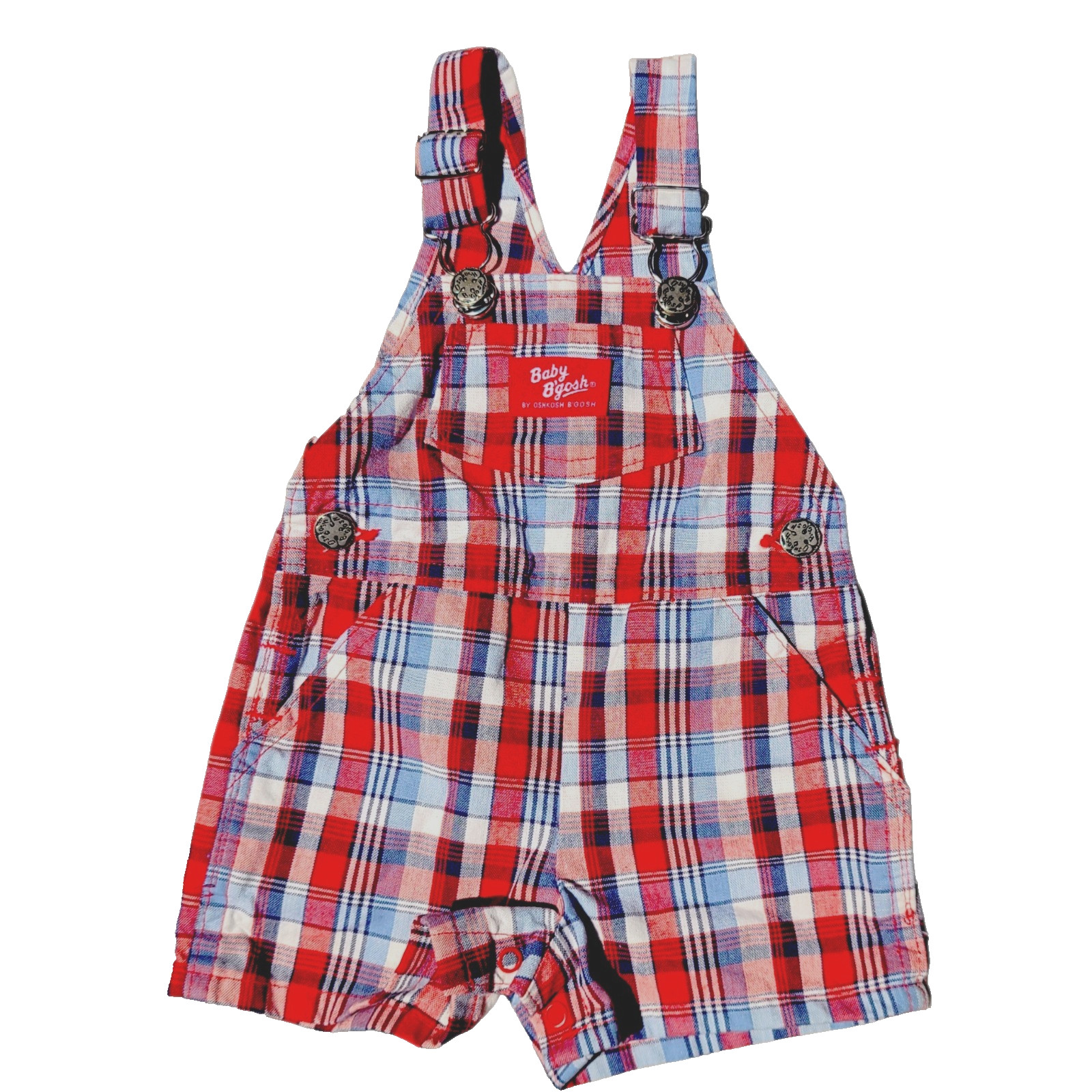 Vintage Oshkosh B’gosh Vestbak Overalls Shortalls Plaid Size 6-9 Month Red Blue