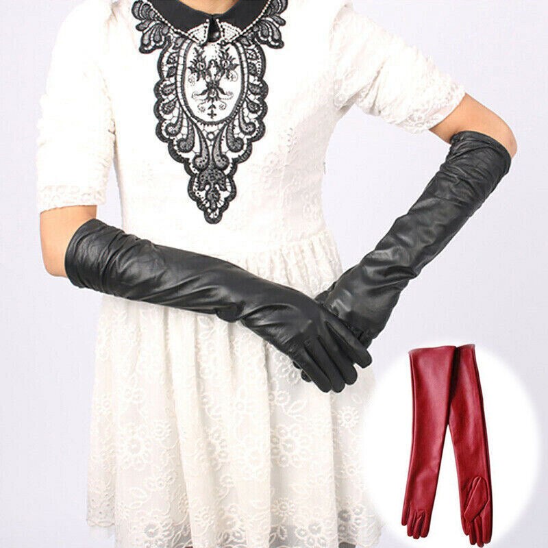 Gloves Evening Party Elbow Warm Women Winter Ladies Long Soft Lined PU Leather