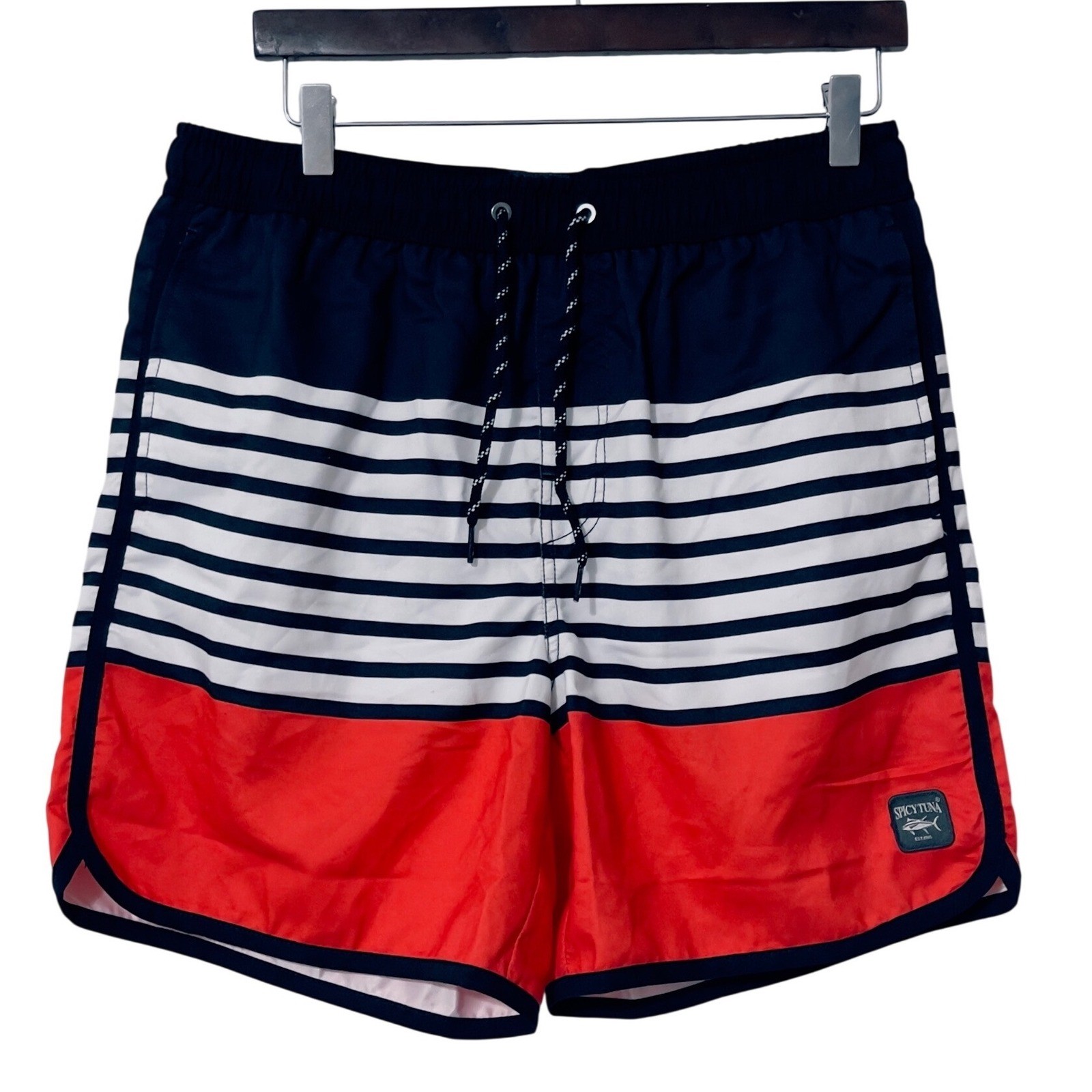 Spicy Tuna Mens Swim Trunks Medium Navy Blue White Red Striped Board Shorts