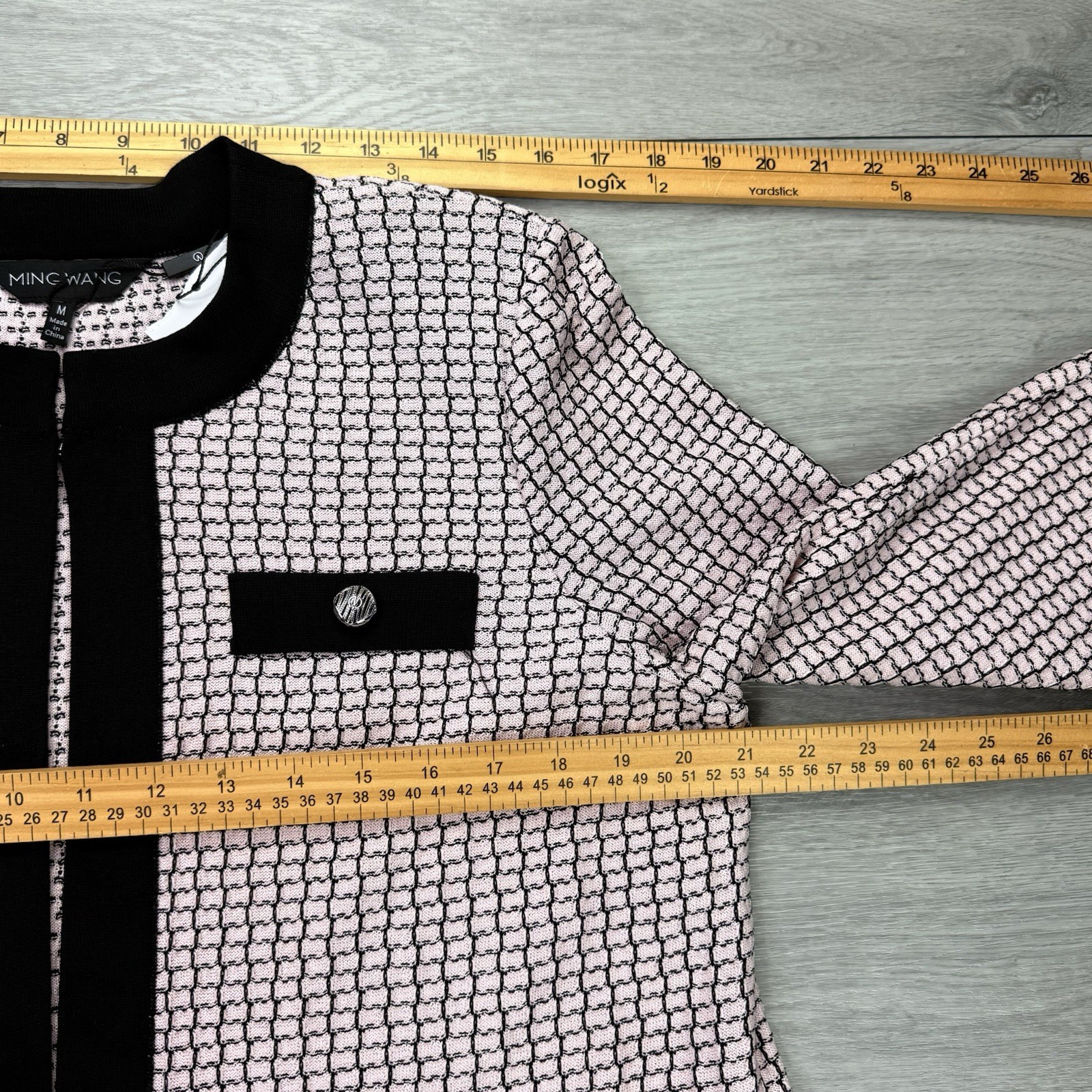 NWT Ming Wang Pale Pink & Black Knit Cardigan Sweater Jacket Top Heritage Fit M