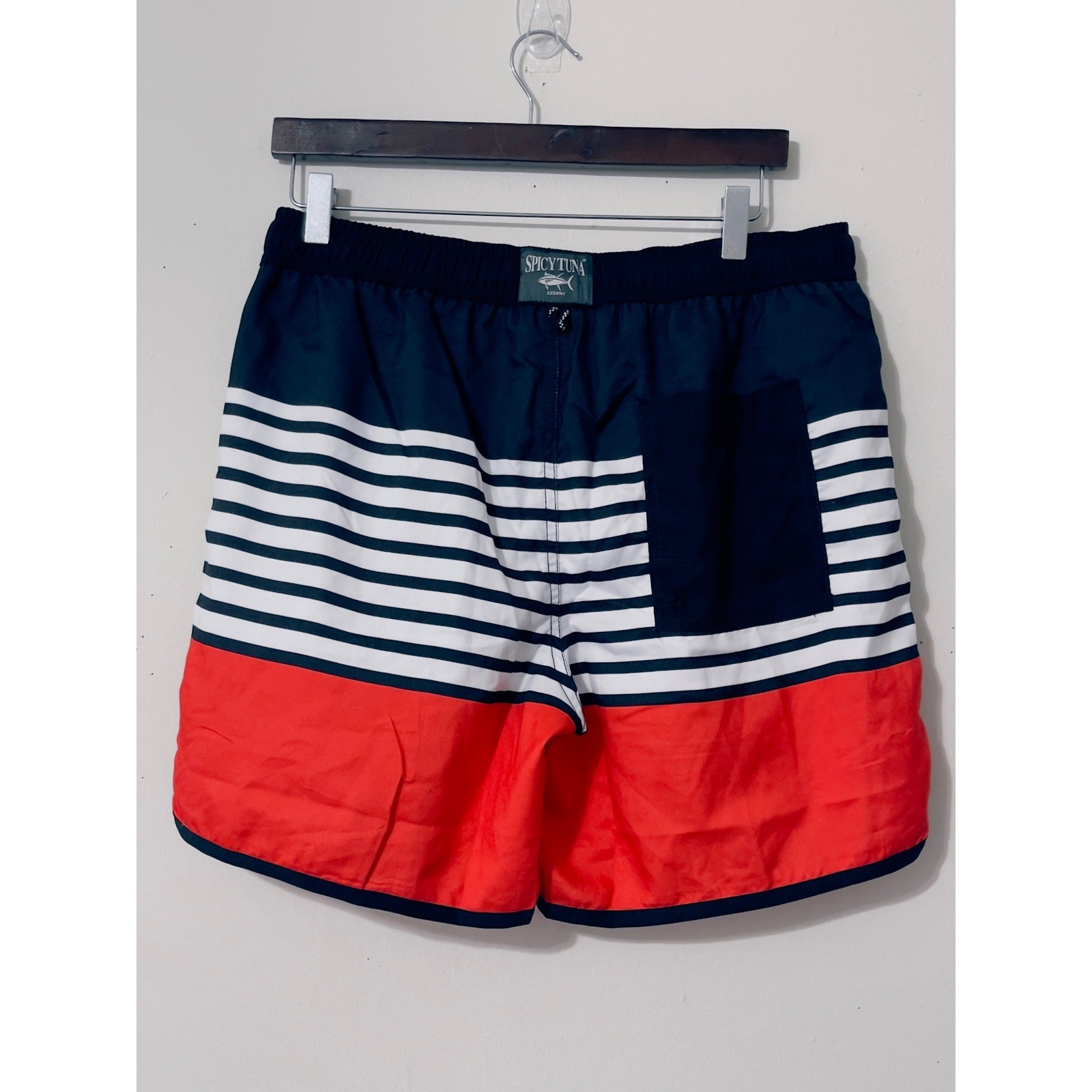 Spicy Tuna Mens Swim Trunks Medium Navy Blue White Red Striped Board Shorts
