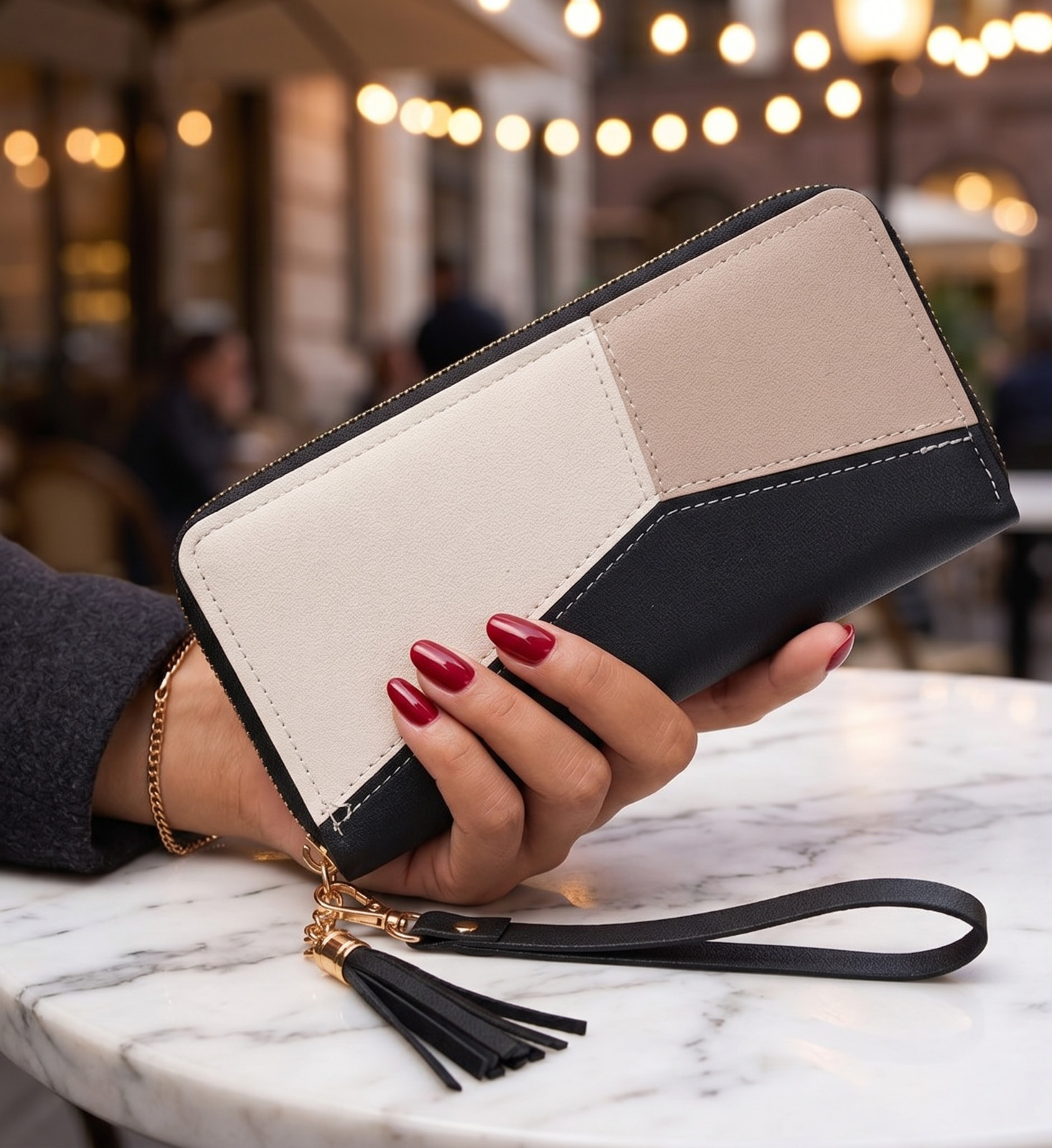 Women’s Zip Around Wallet Color block Clutch Wristlet Purse with Tassel Charm