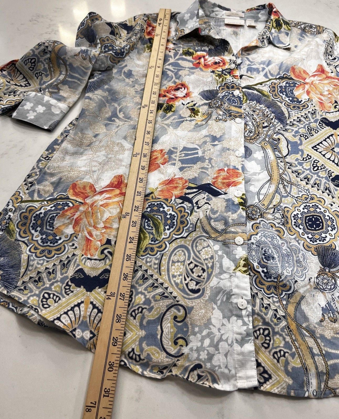 Chico’s Linen Blend Button-Up with Soft Blue Floral Print