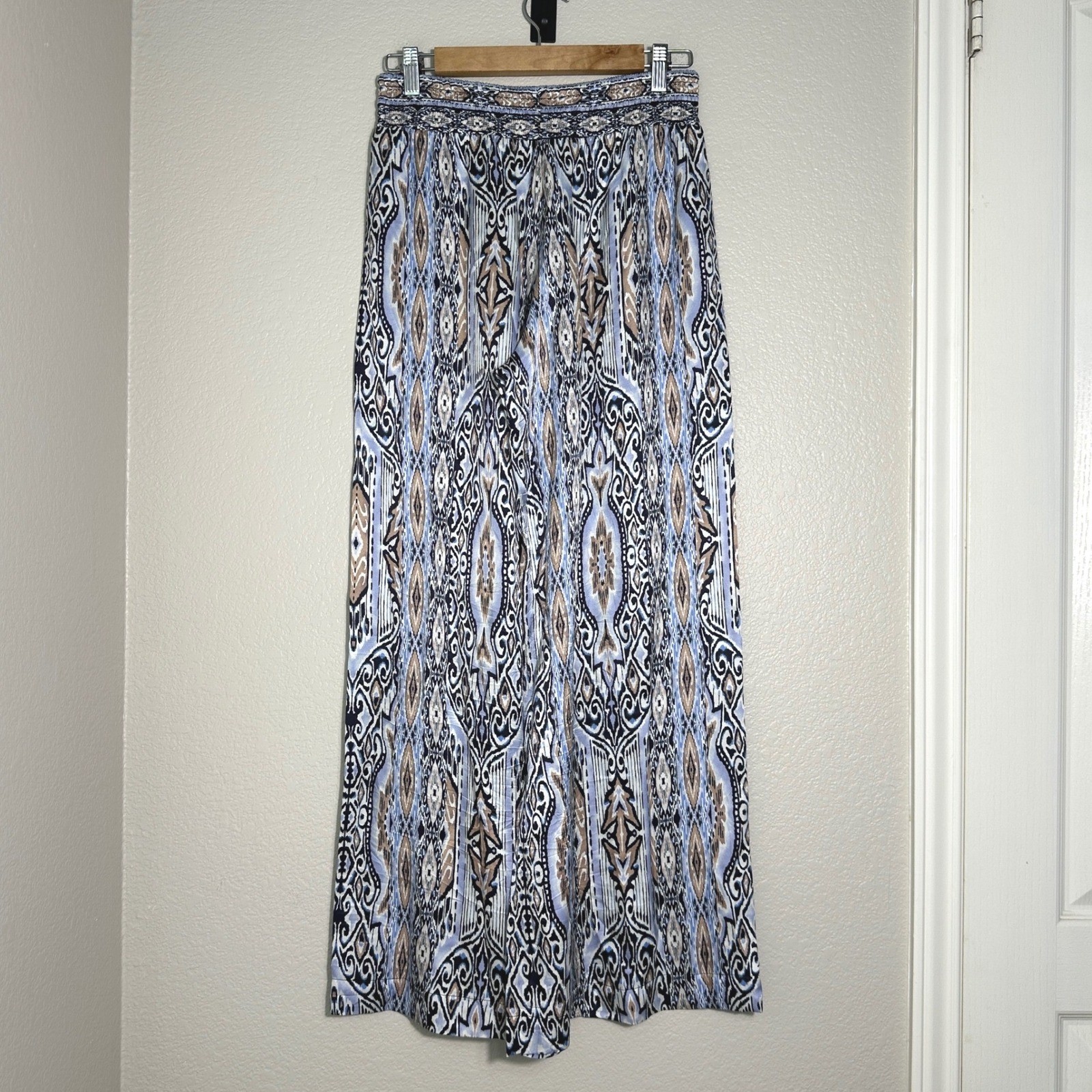 Hale Bob Wide Leg Pants Silk Blend Small, Blue Ikat Palazzo Boho Beach Resort