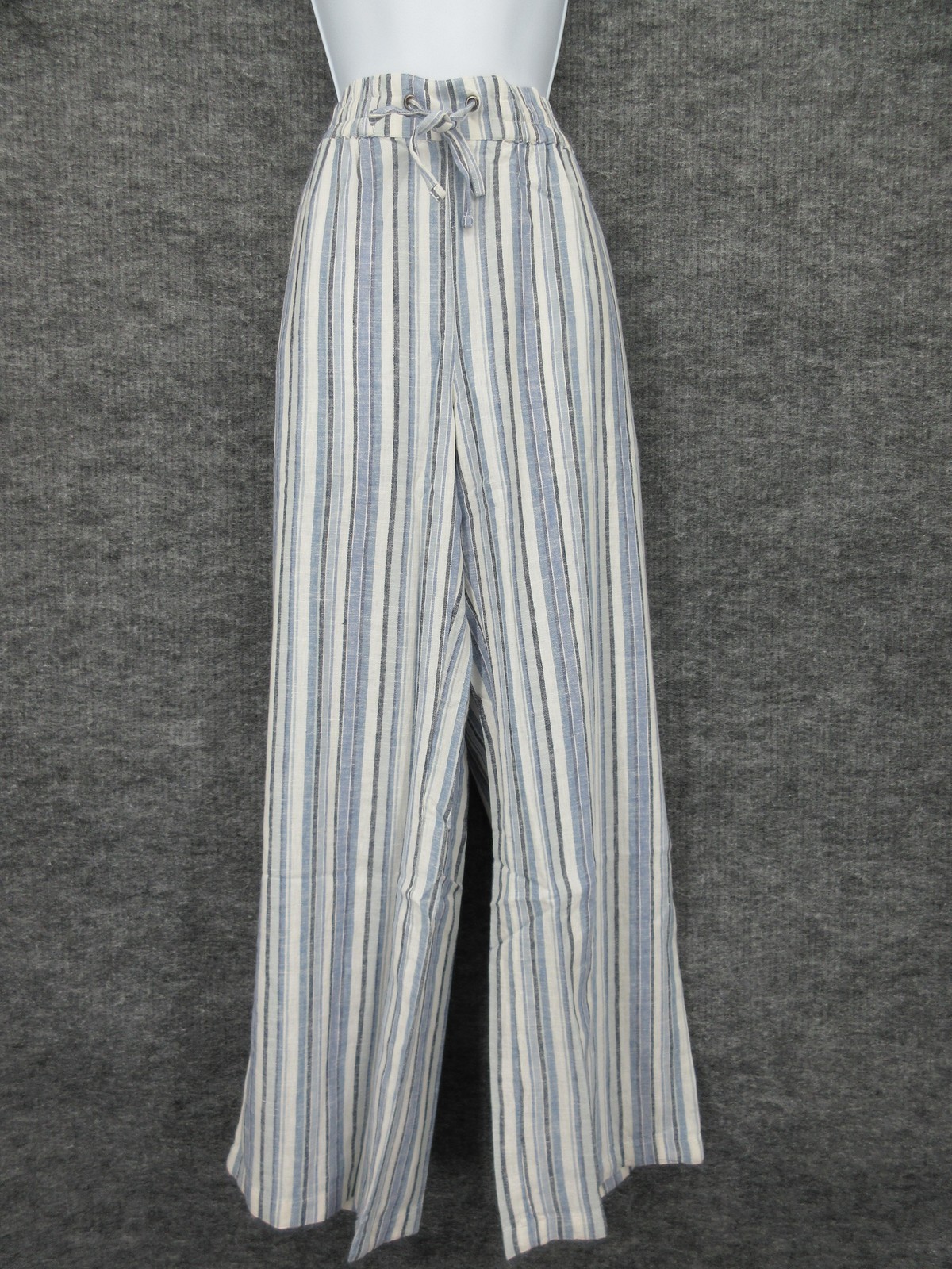 Naturals D&Co Pants Womens M Blue Stripe Linen Blend Paperbag Wide Leg Casual
