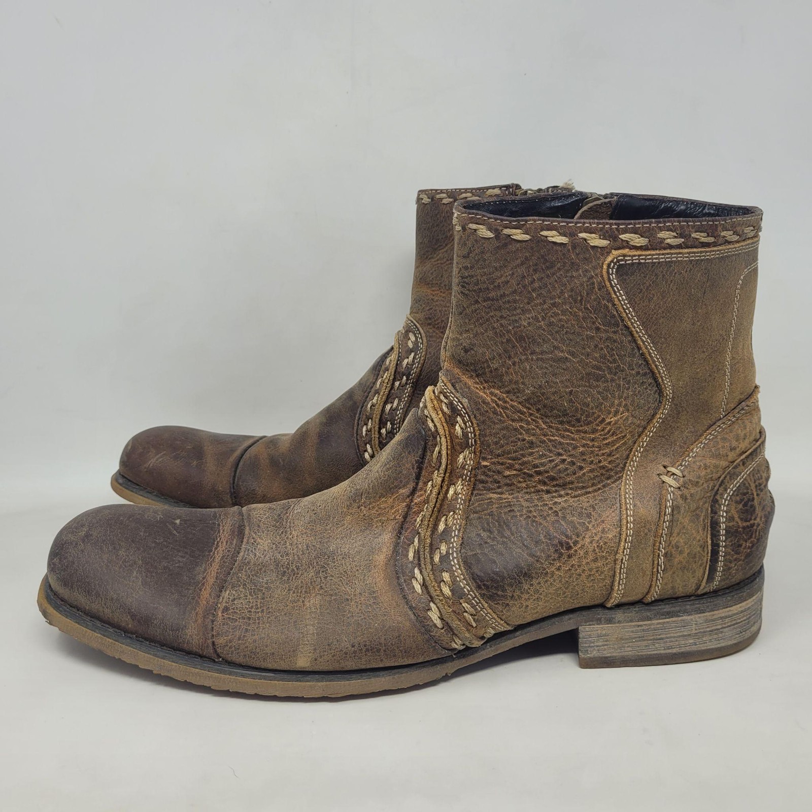 Bed Stu Boots 9 Brown Leather Revolution Ankle Zip Square Toe Distressed Rugged