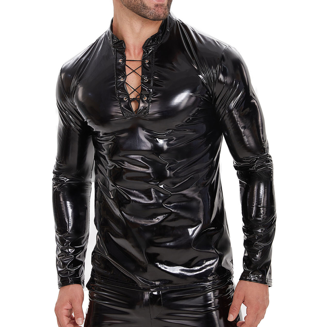 Men’s Wet Look Shiny PVC Leather Shirts Top Long Sleeved Slim Latex Jacket Shirt
