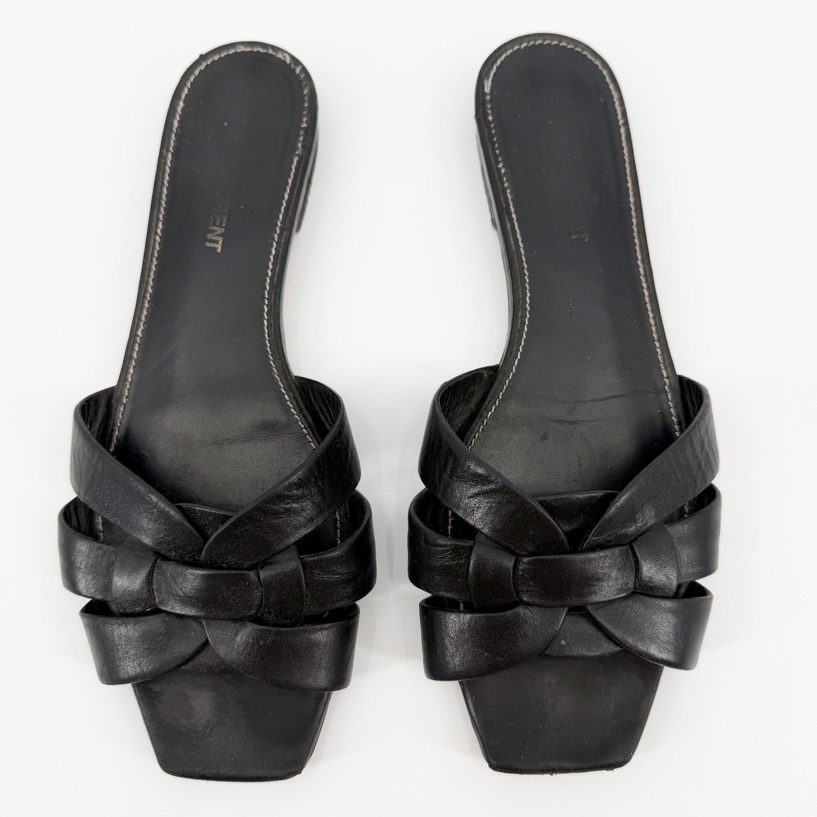Saint Laurent Tribute Flat Woven Leather Sandals Black Slides Mules 37.5 US 7