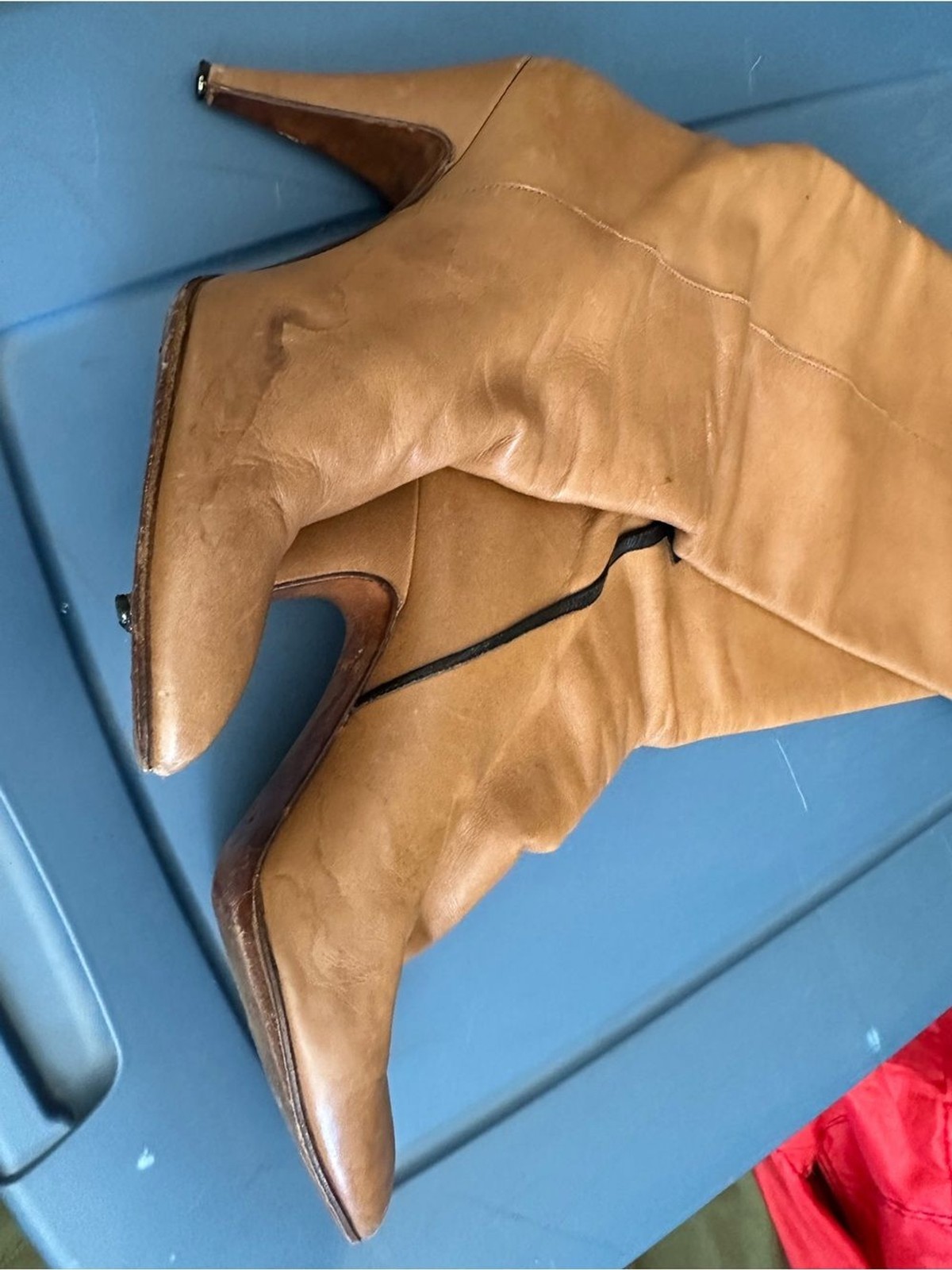 Vintage 70s Casa Dei Italian Leather Knee High Boots Cognac Brown Black Trim