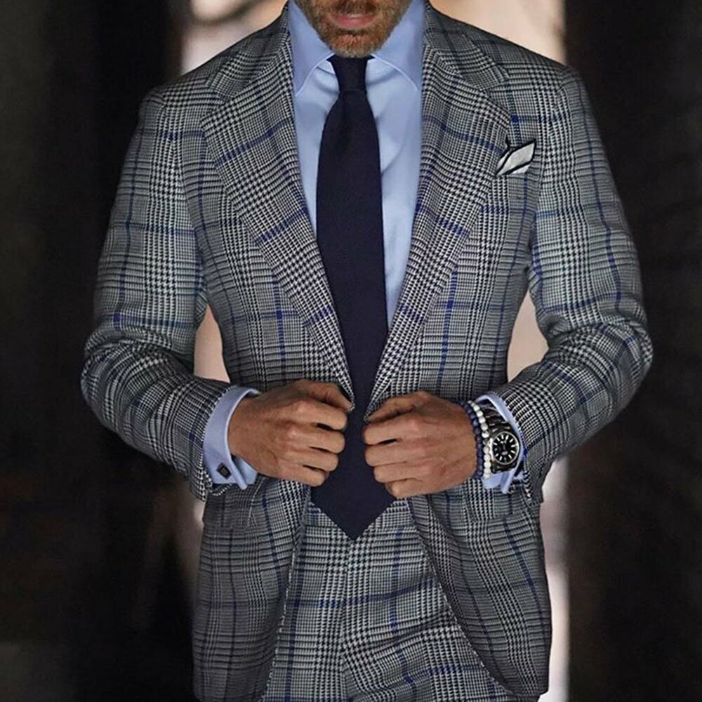 Men Suits Slim Fit Tweed Houndstooth Checked Suits Formal Business Wide Lapel