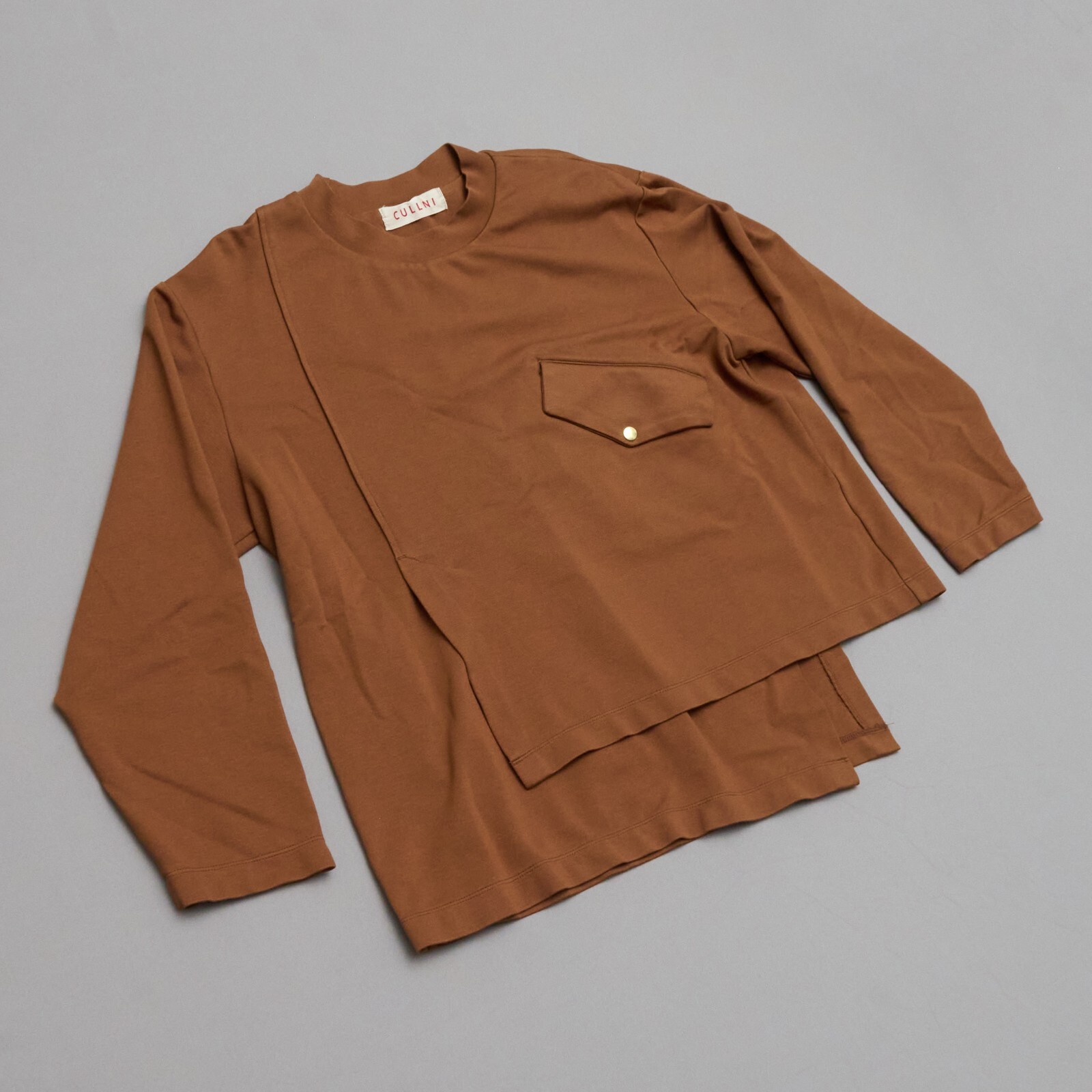 Cullni Men’s Brown Long Sleeve Shirt Size M Asymmetrical Hem Pocket Minimalist