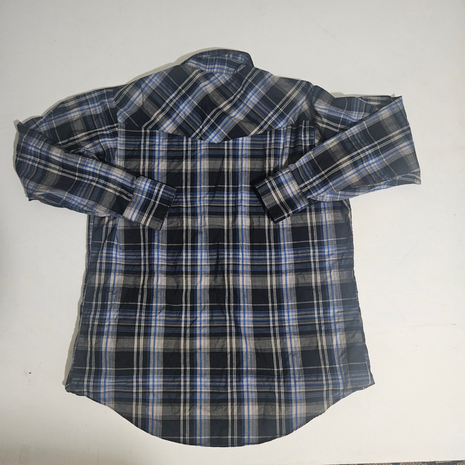 Ely Cattleman Mens Large Western Pearl Snap Shirt Blue Black Plaid Long Sleeve