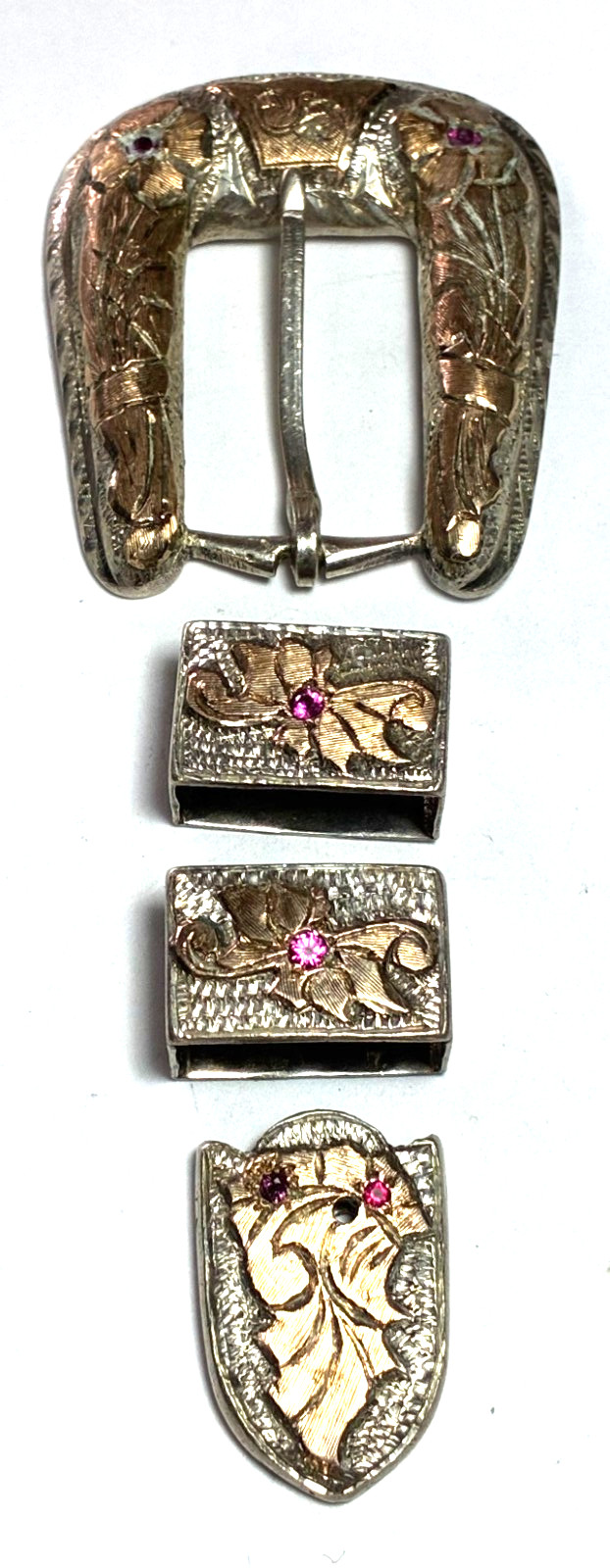 Sterling RMS Mexico Two Tone Buckle Set Pink Stone Filigree 49mm x 43mm