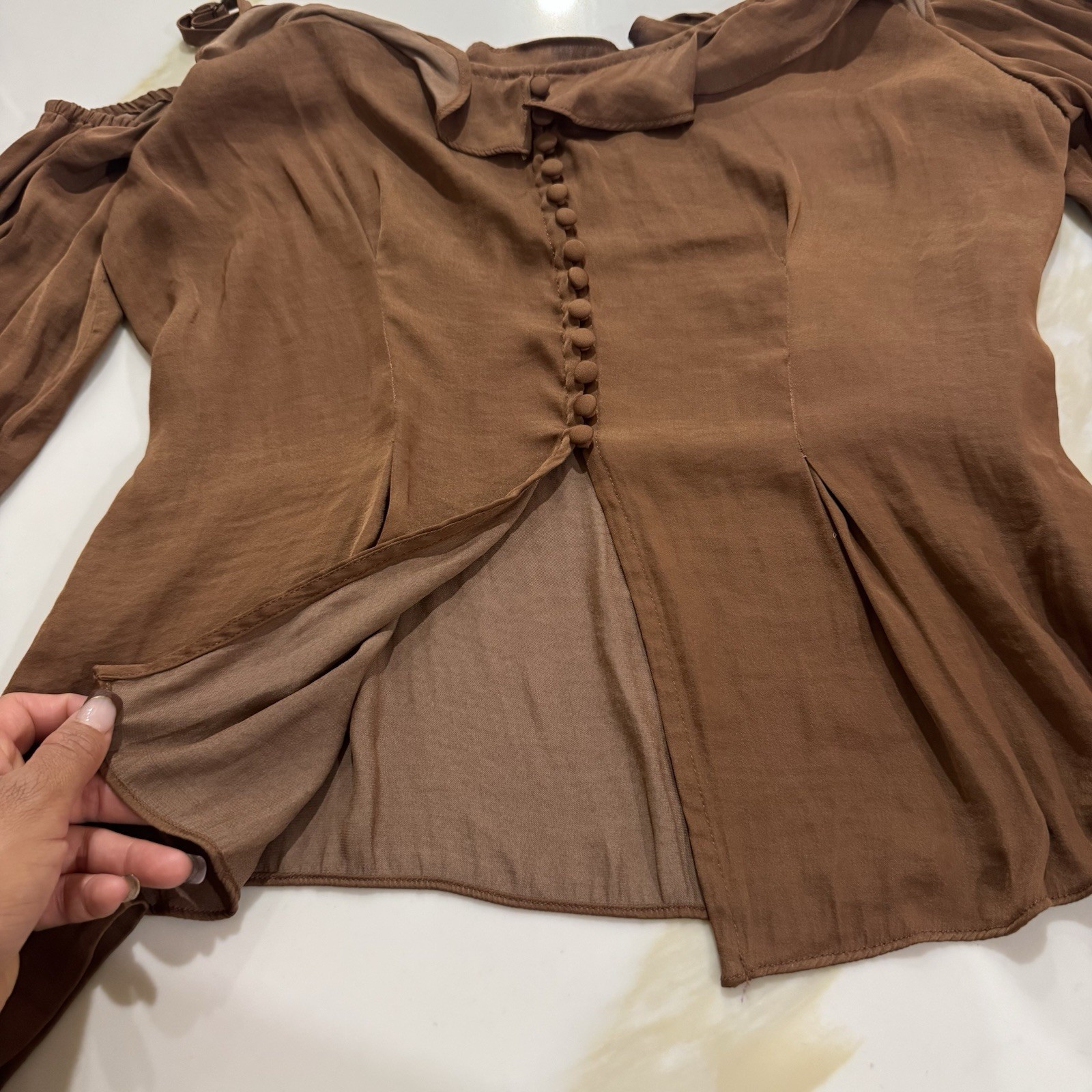 Urban Outfitters Brown Blouse Button Peasant Puff Sleeve Blouse L