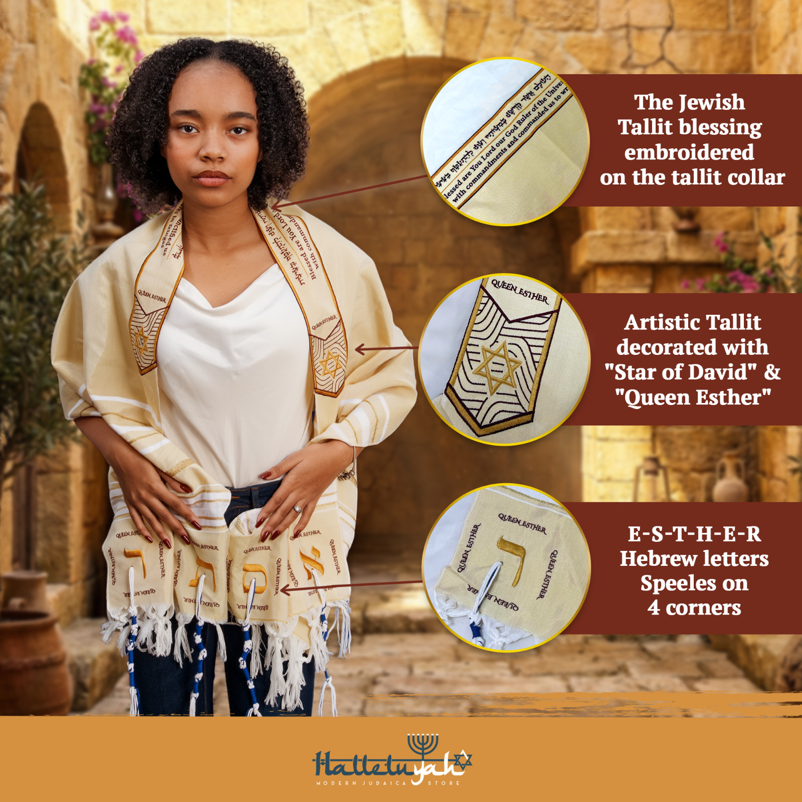 HalleluYAH Queen Esther Tallit Prayer Shawl 72″x 22″ with Bag | Designed in IL