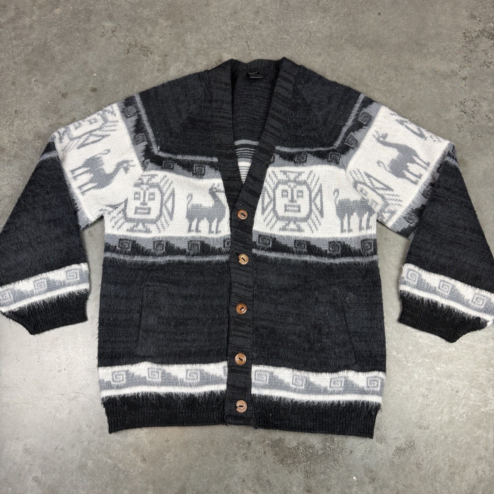 Alpaca Cardigan Mens Medium Black Vintage Button Up Long Sleeve Flaws