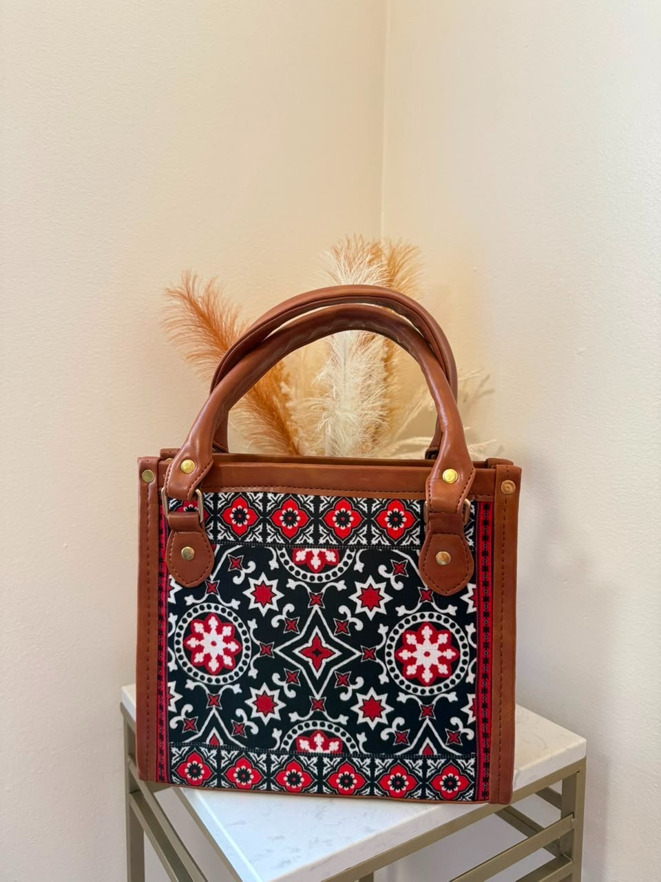Sindhi Ajrak Pattern Mini Tote Bag | Folk Art Canvas Brown Trim Top Handle Purse