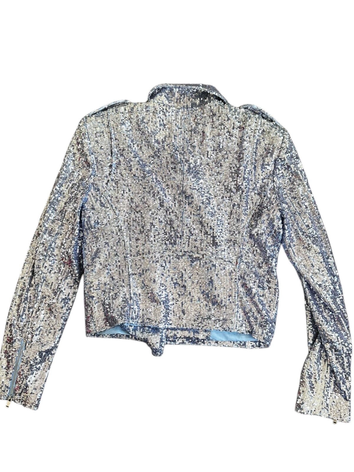 Generation Love Robin Sequin Moto Jacket Long Sleeves Cropped Silver Blue Sz XS