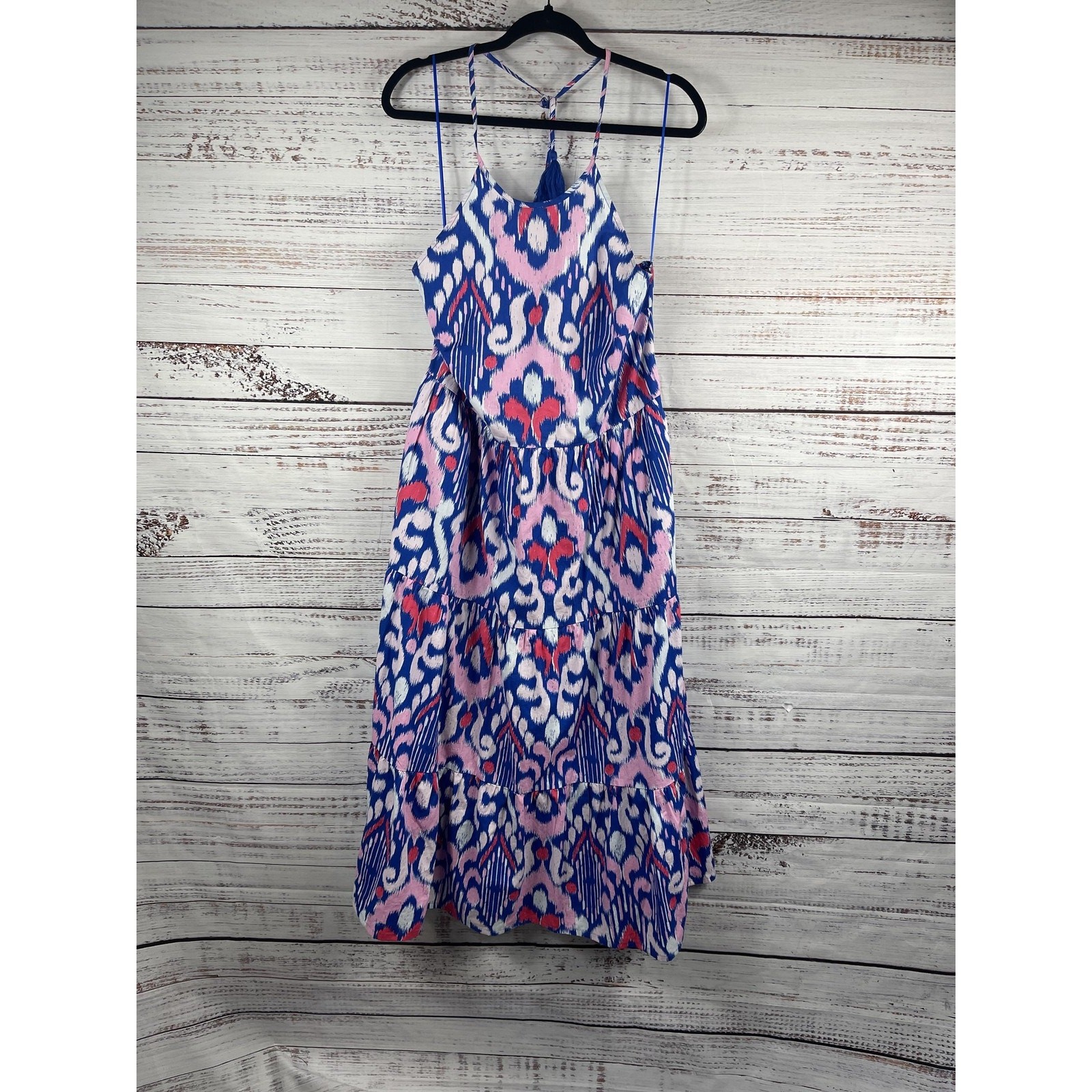 Crown & Ivy Dress Women’s Large Blue Pink Ikat Maxi Sundress Cotton Boho Tiered