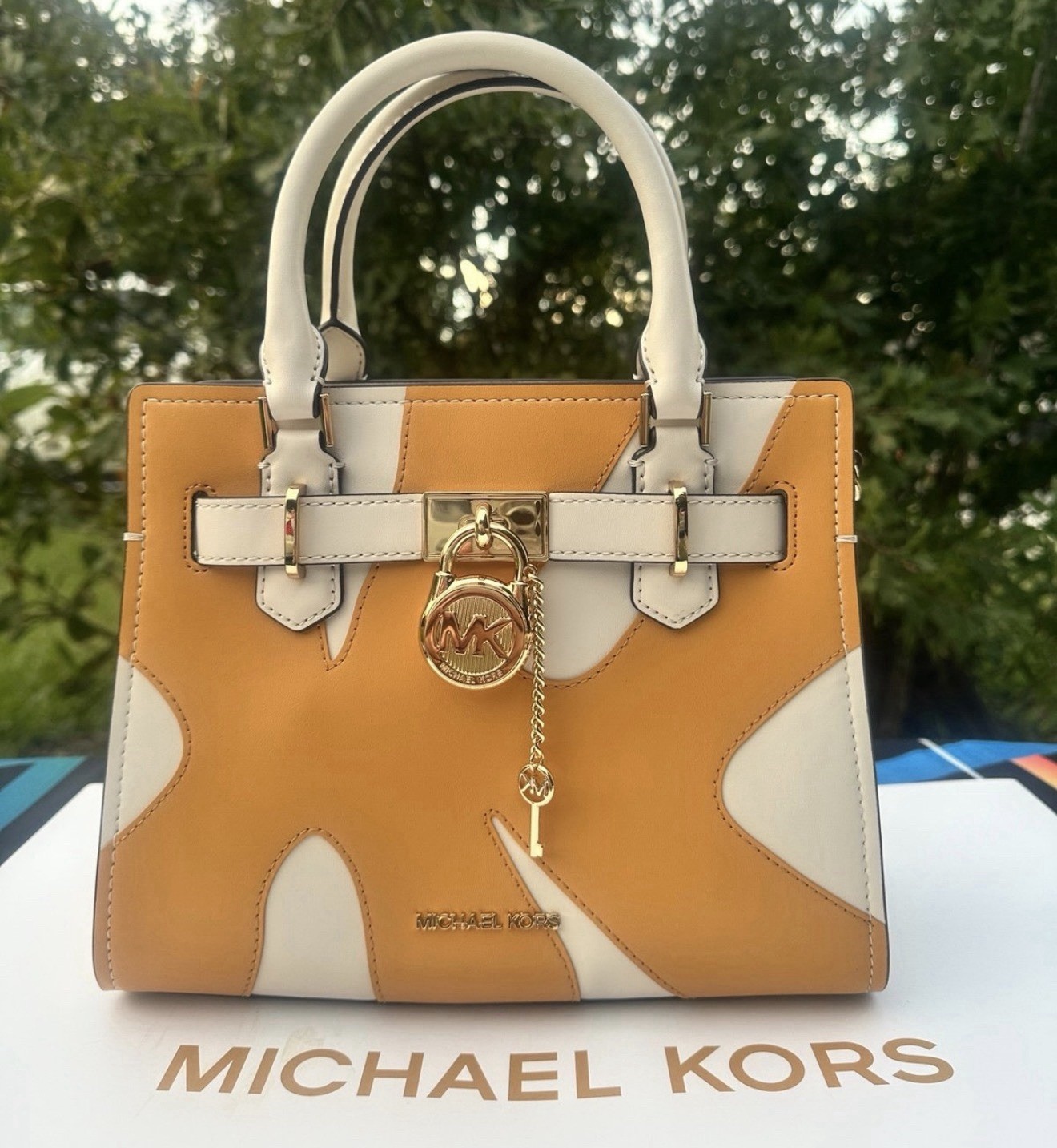 AUTHENTIC Michael Kors Purse Small Hamilton Satchel Patch Work Golden Rod NWT