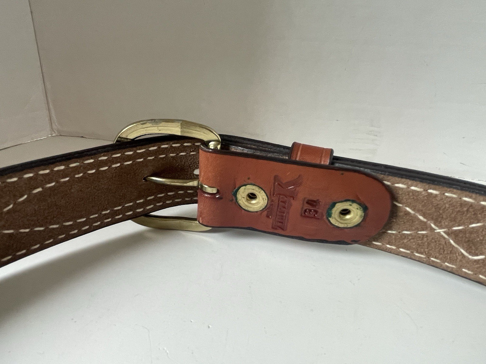 Triple K Leather Stitched Belt Size 34 Brown Brass Colored Buckle With Loop USA