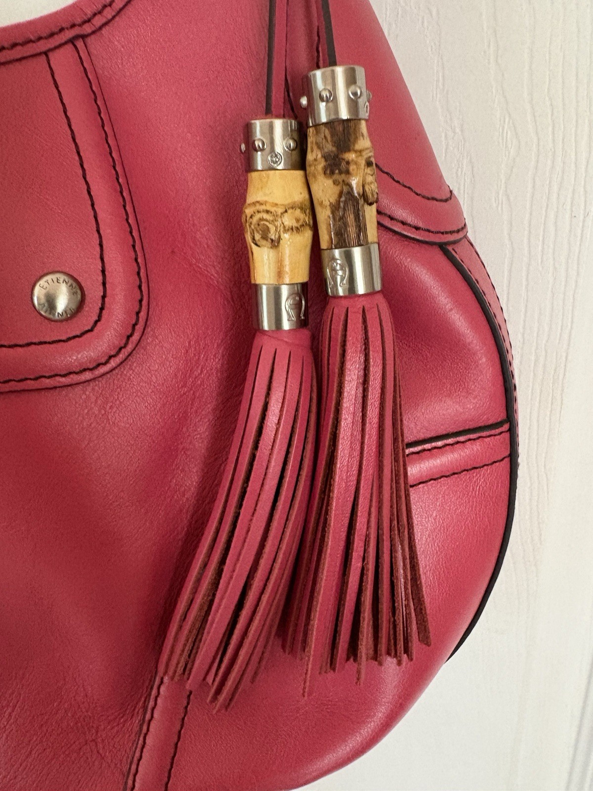 Etienne Aigner Pink Shoulder Bag Zip Top Tassel Bag Charm Silver Hardware