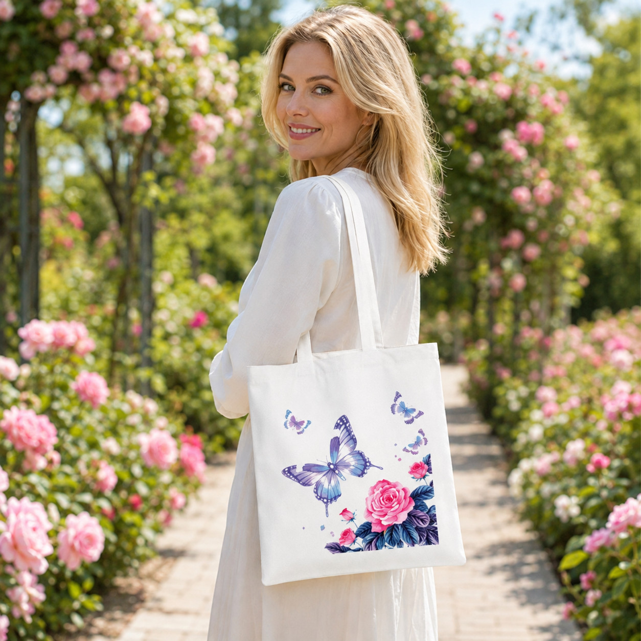 Women Butterfly Rose Canvas Tote Bag, Casual Summer
