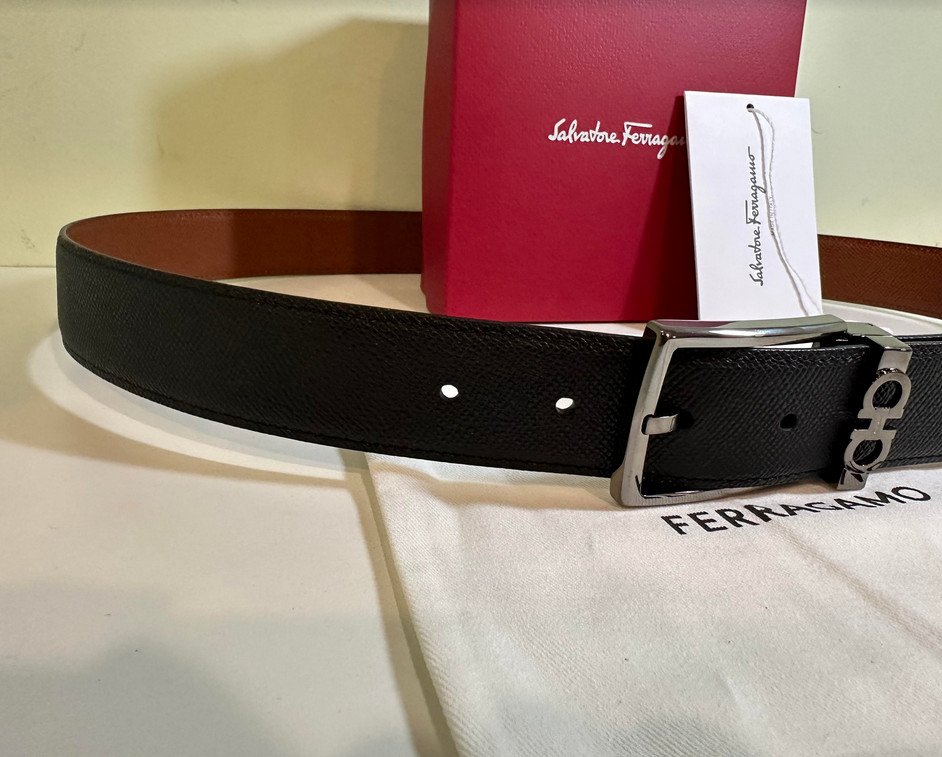 ADJUSTABLE REVERSIBLE RADICA/NERO LEATHER SALVATORE FERRAGAMO BELT GUNMETAL BUCK