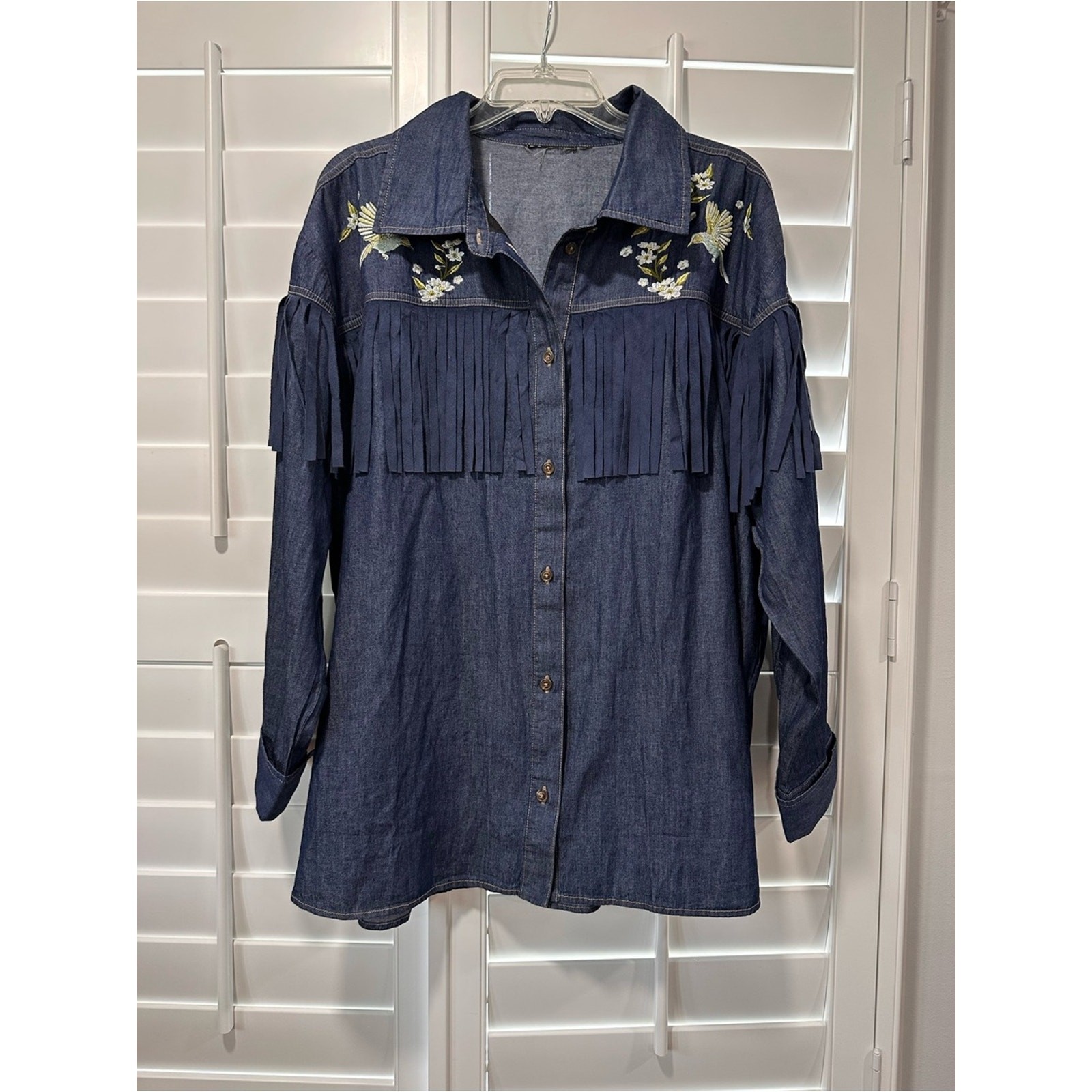 Embroidered Denim Fringe Button Up Shirt Cotton Floral Bird Western Boho Ranch